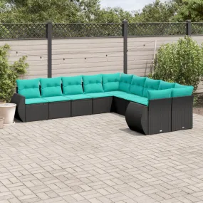 10 Piece Patio Sofa Set with Cushions Black Poly Rattan