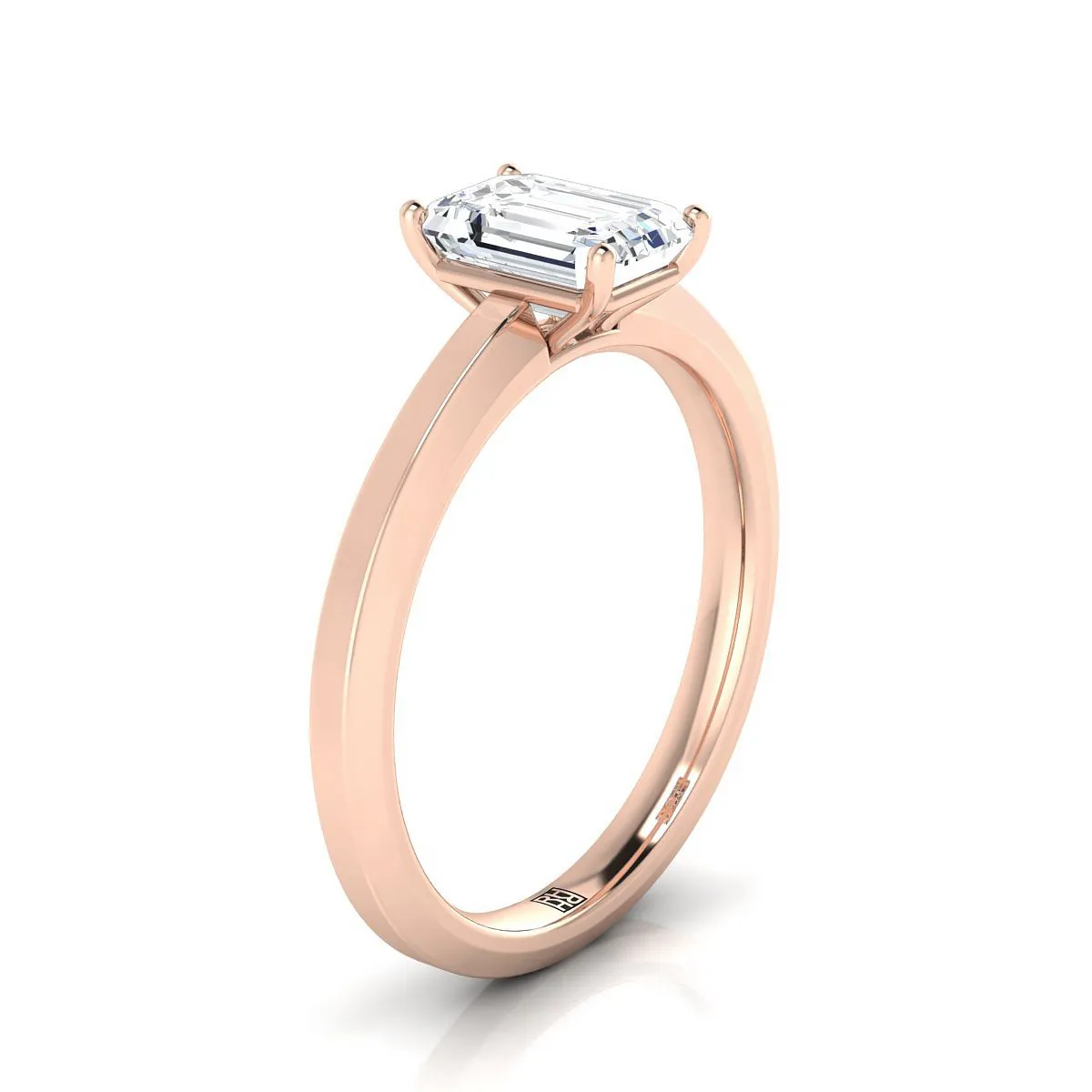 14K Rose Gold Emerald Cut  Beveled Edge Comfort Style Bright Finish Solitaire Engagement Ring