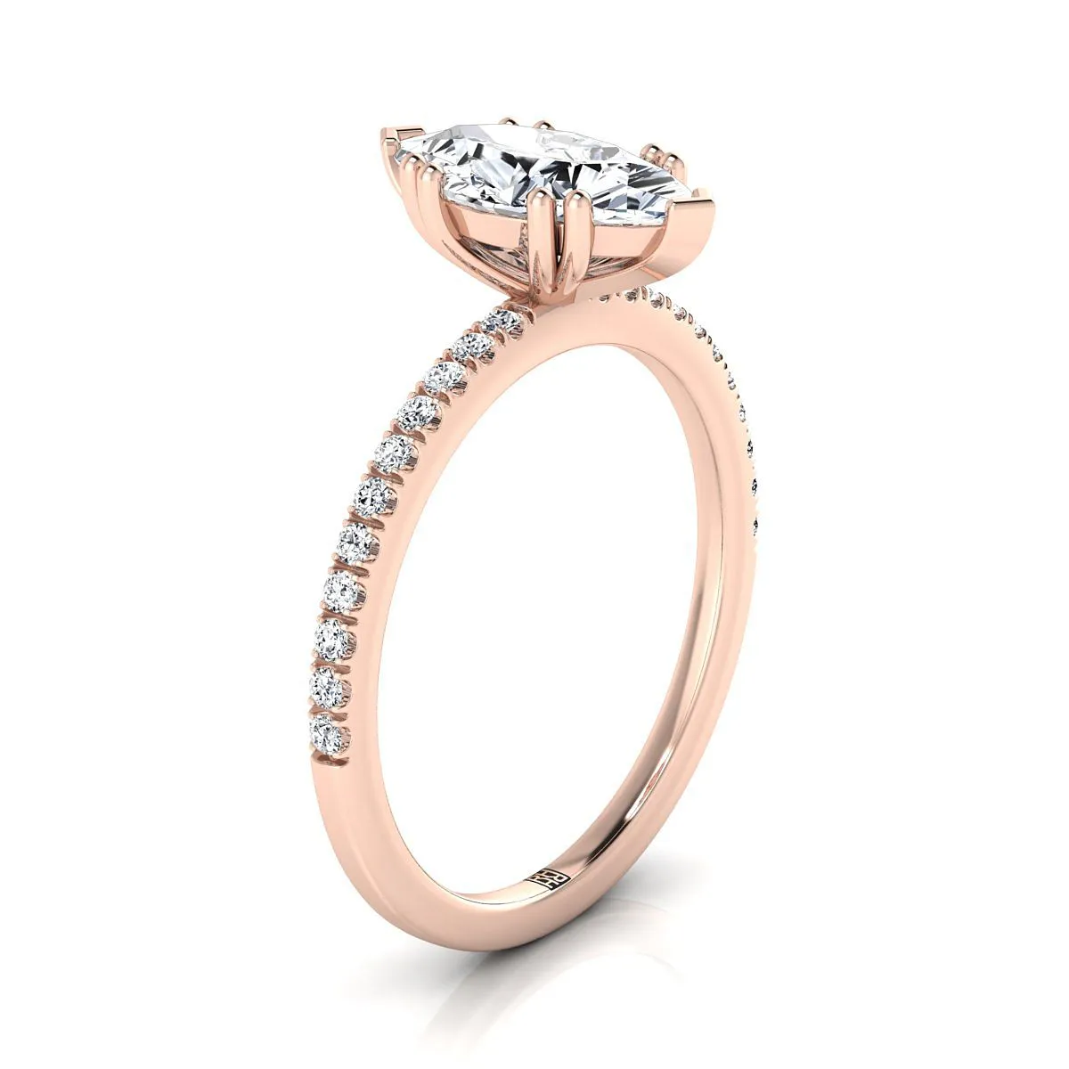 14K Rose Gold Marquise  Diamond Simple French Pave Double Claw Prong Engagement Ring -1/6ctw