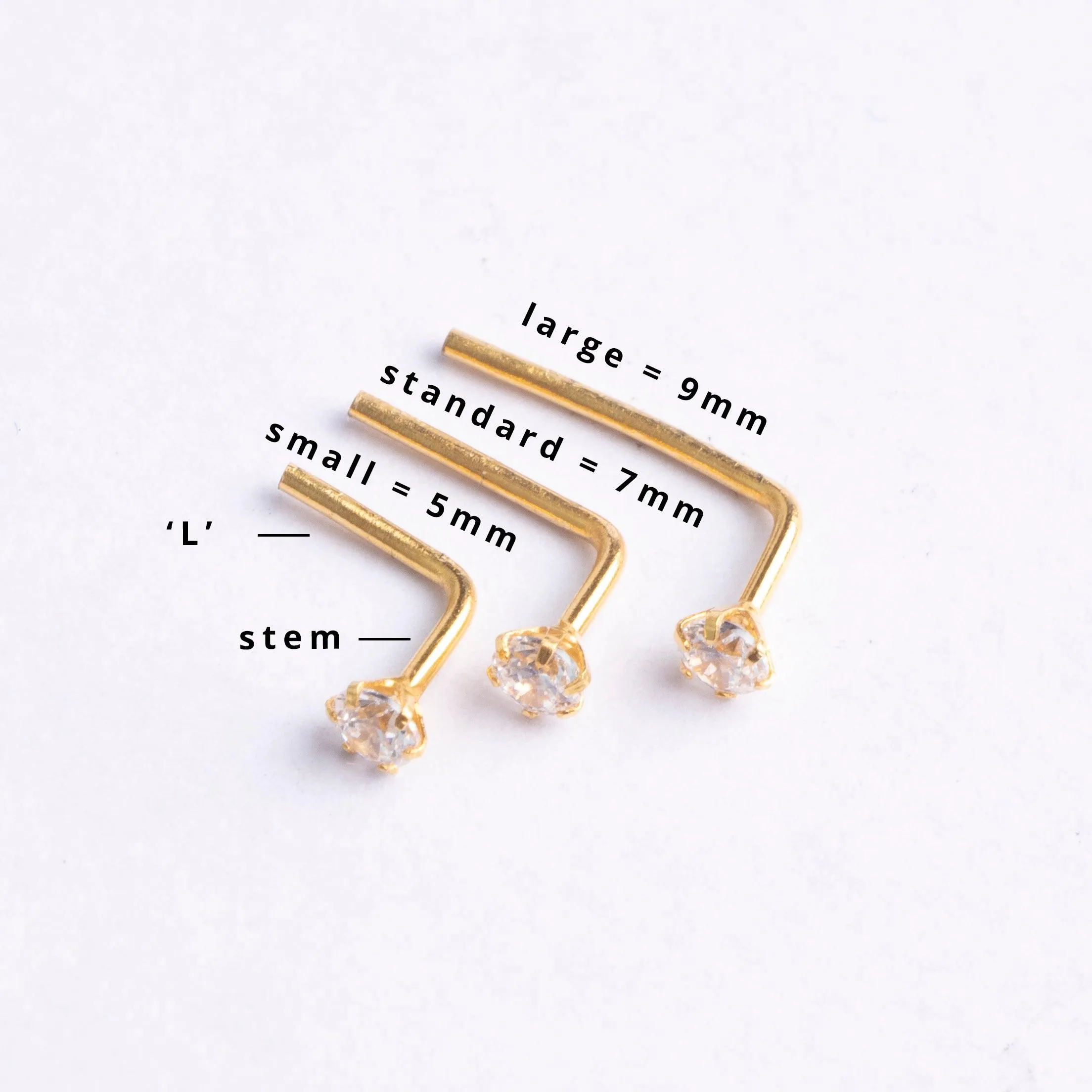 18ct Gold Nose Stud L-Shaped back with a Cubic Zirconia Stone (2mm - 4.5mm)