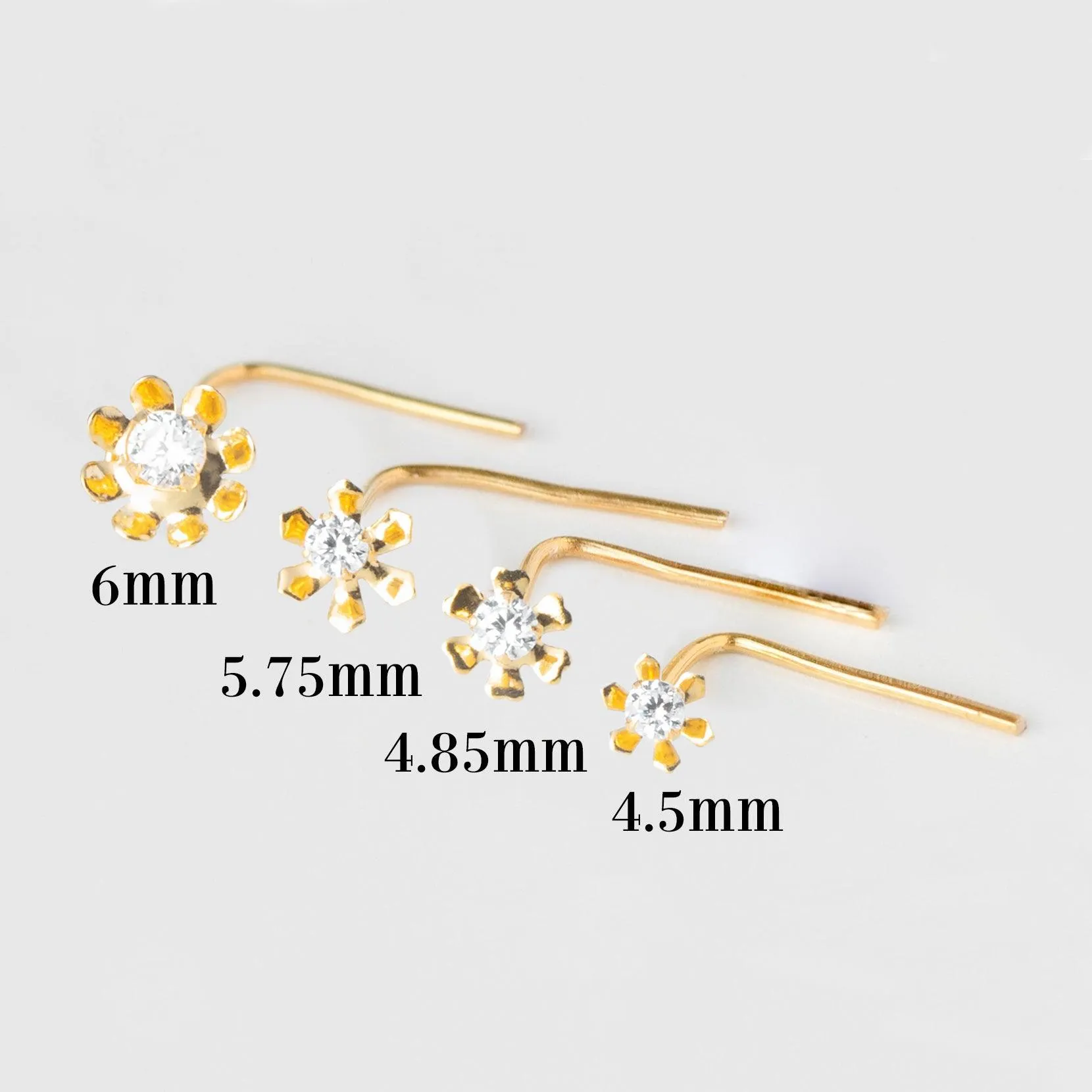 18ct Yellow Gold L Shape Back Nose Stud set with Cubic Zirconia in a Flower Design (4.5mm - 6mm) NIP-4-080