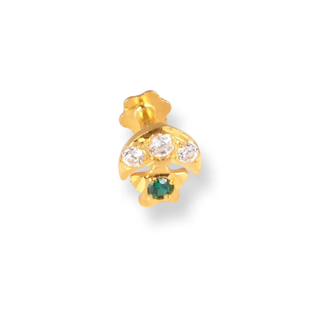 18ct Yellow Gold Screw Back Crescent and Star Nose Stud with Three White and One Green Cubic Zirconia Stones NS-5140