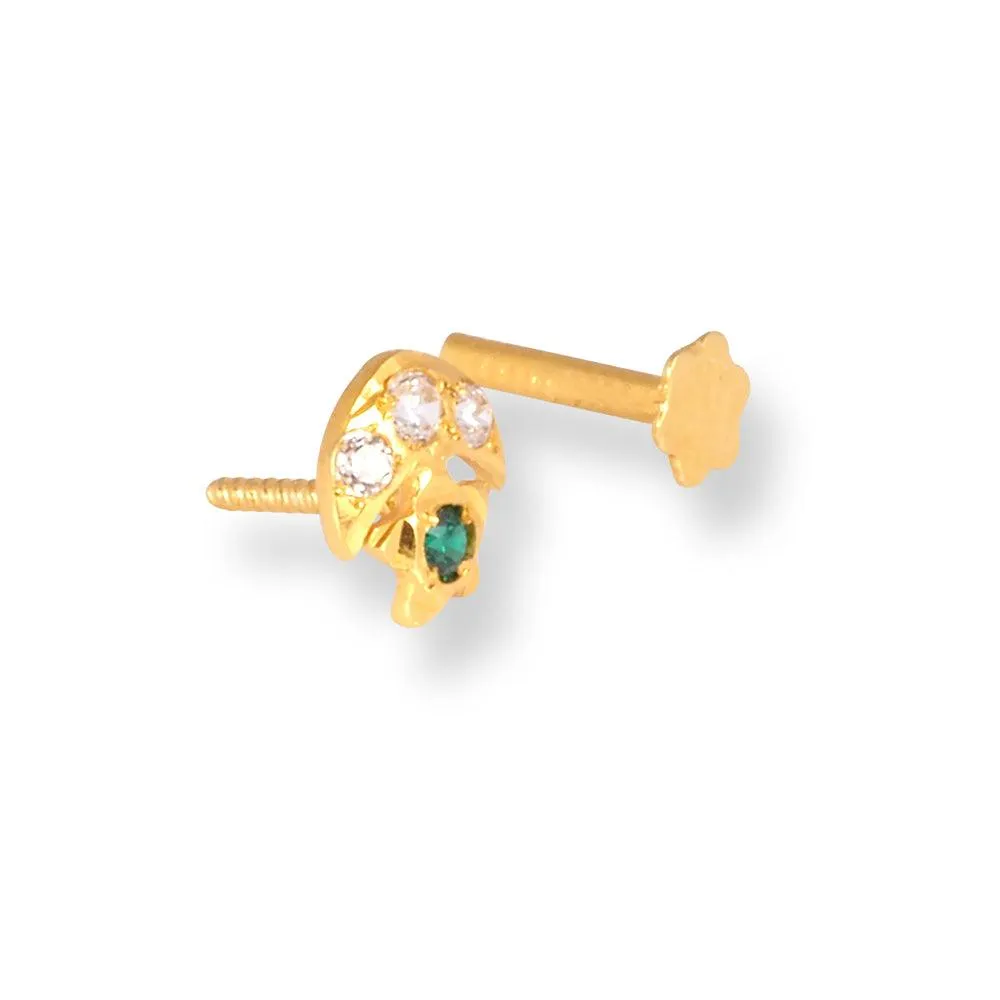 18ct Yellow Gold Screw Back Crescent and Star Nose Stud with Three White and One Green Cubic Zirconia Stones NS-5140