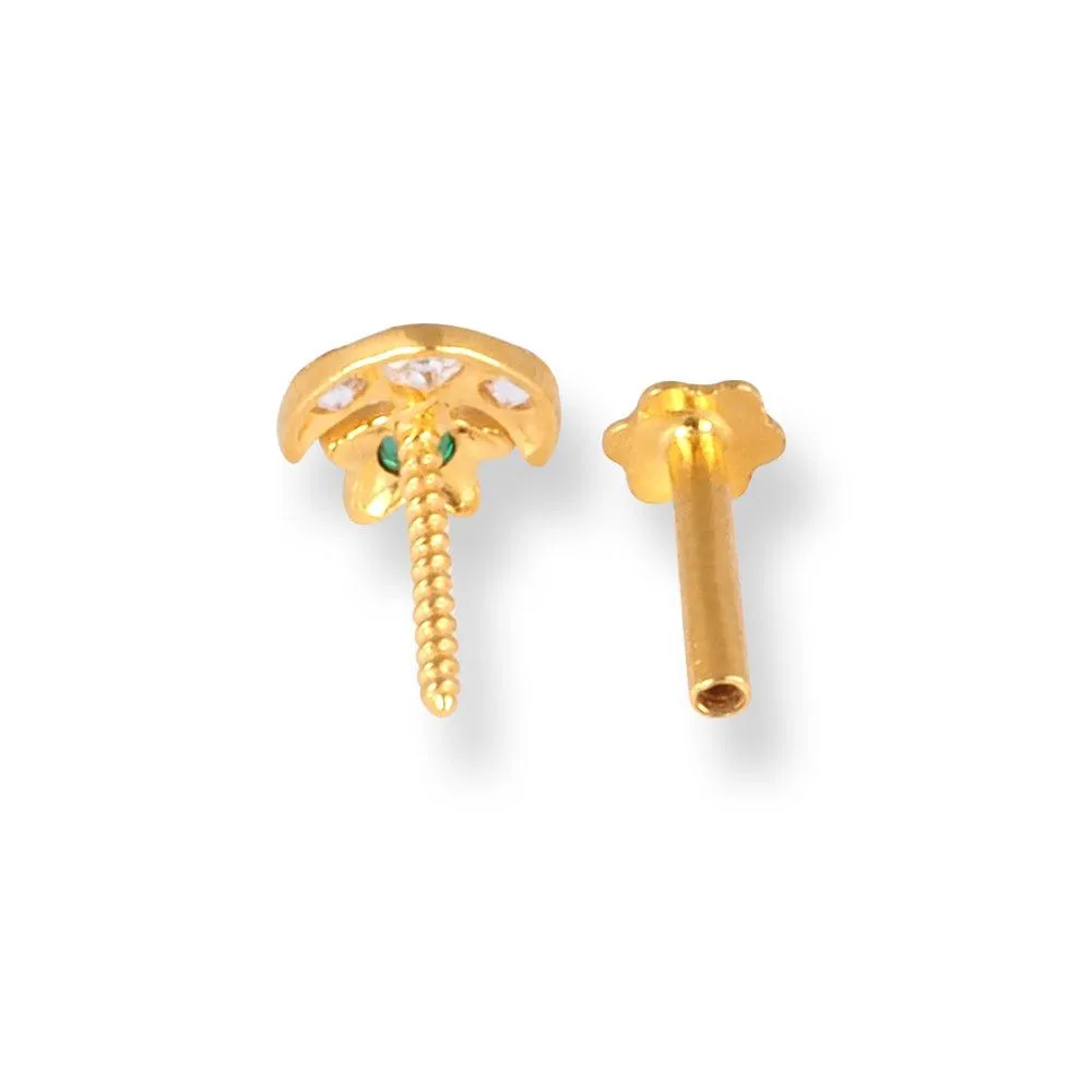 18ct Yellow Gold Screw Back Crescent and Star Nose Stud with Three White and One Green Cubic Zirconia Stones NS-5140