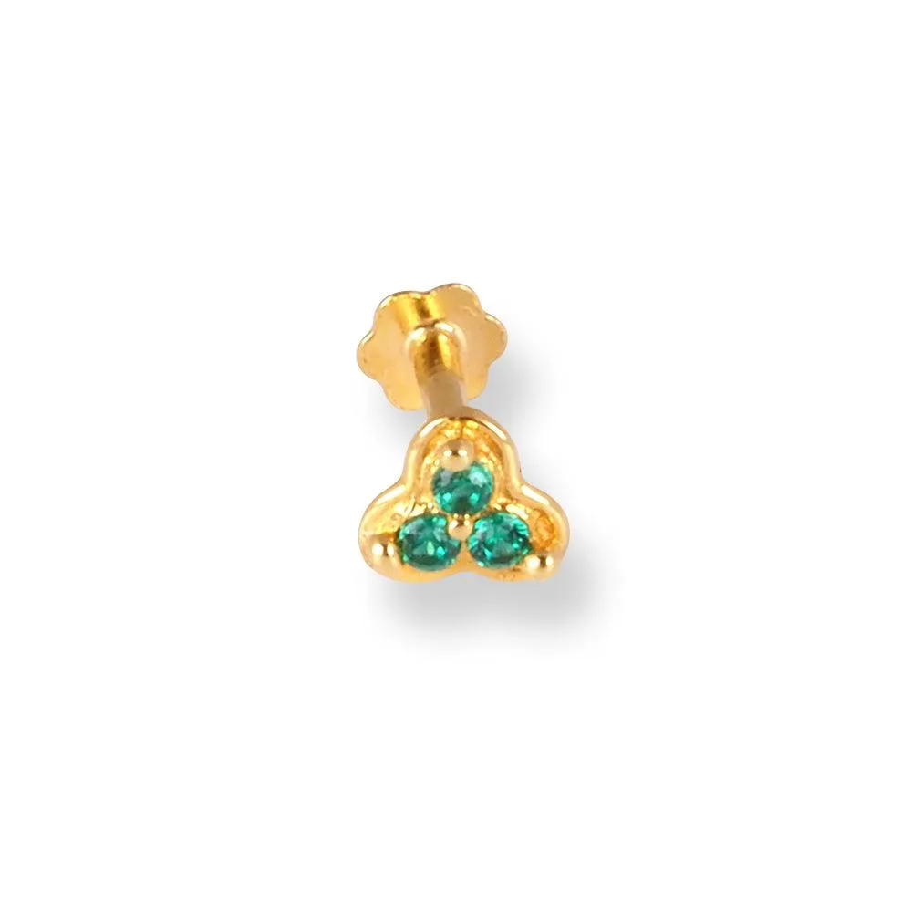 18ct Yellow Gold Screw Back Nose Stud with 3 Green Cubic Zirconia Stones NIP-4-070b