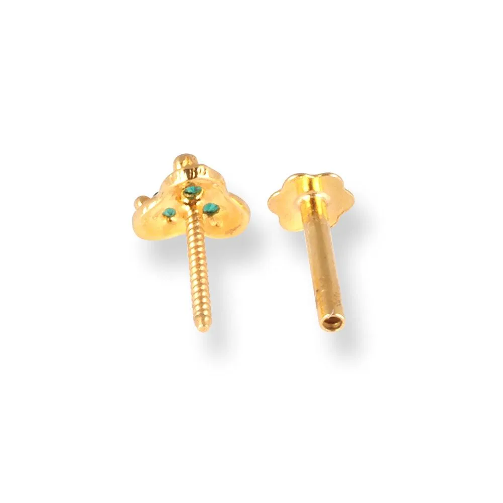 18ct Yellow Gold Screw Back Nose Stud with 3 Green Cubic Zirconia Stones NIP-4-070b