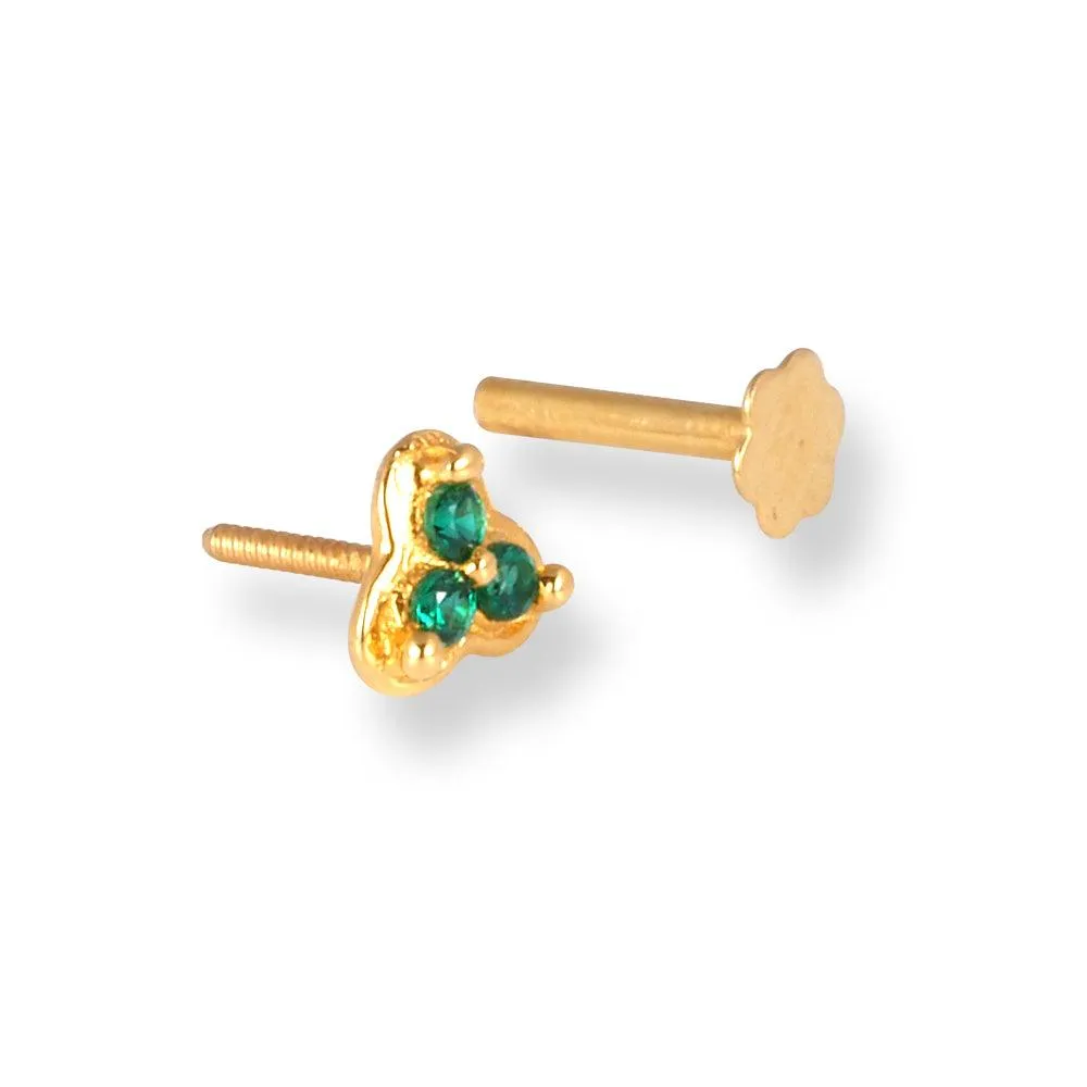 18ct Yellow Gold Screw Back Nose Stud with 3 Green Cubic Zirconia Stones NIP-4-070b