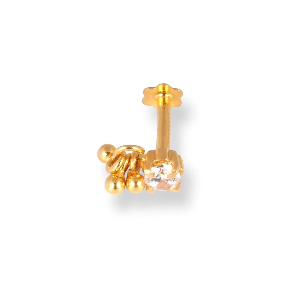 18ct Yellow Gold Screw Back Nose Stud with a Cubic Zirconia Stone and Gold Drops NS-1290