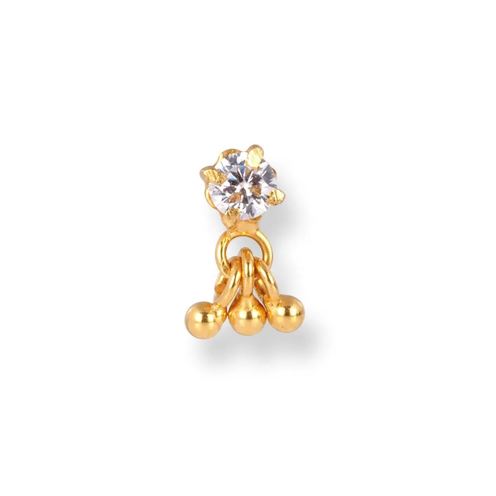 18ct Yellow Gold Screw Back Nose Stud with a Cubic Zirconia Stone and Gold Drops NS-1290