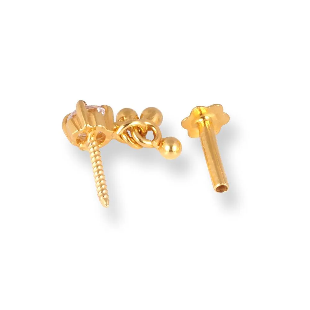 18ct Yellow Gold Screw Back Nose Stud with a Cubic Zirconia Stone and Gold Drops NS-1290