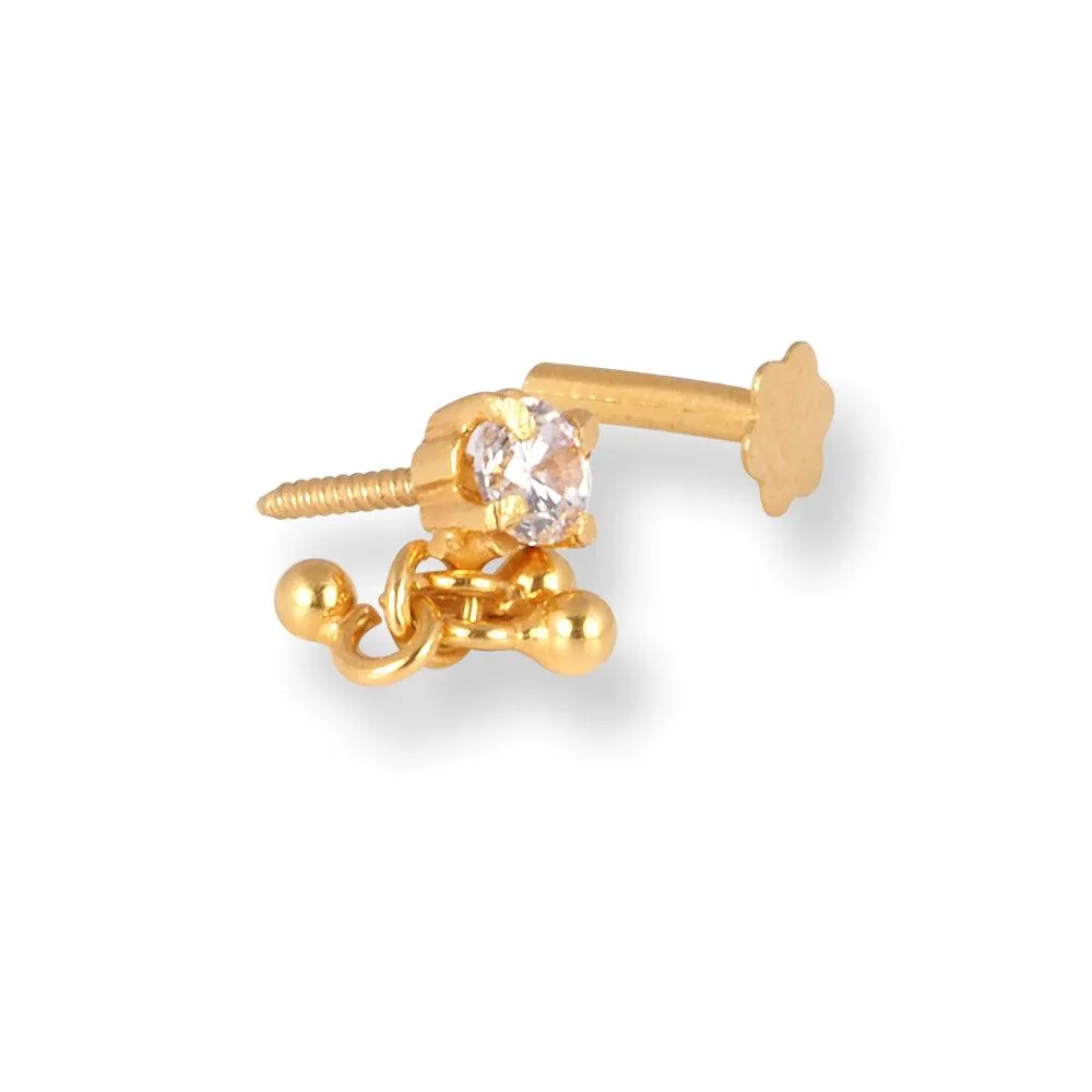 18ct Yellow Gold Screw Back Nose Stud with a Cubic Zirconia Stone and Gold Drops NS-1290