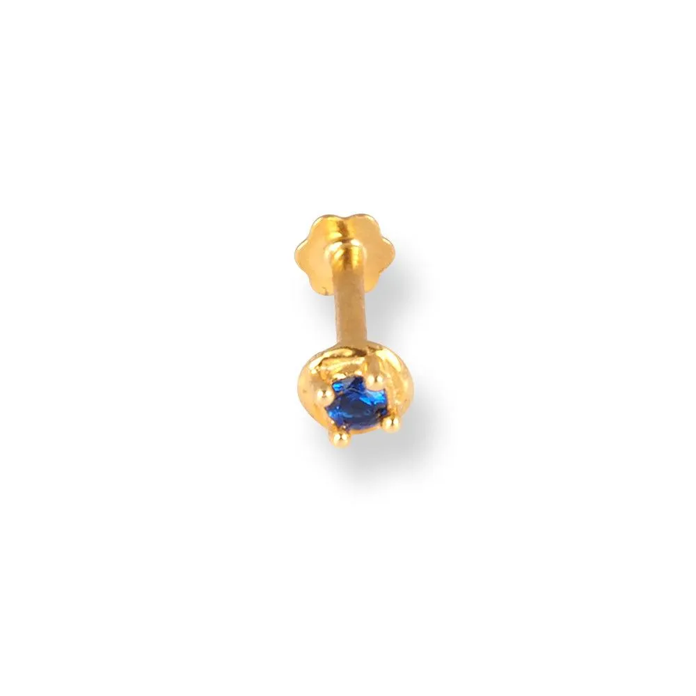 18ct Yellow Gold Screw Back Nose Stud with Blue Cubic Zirconia Stone NIP-4-070i