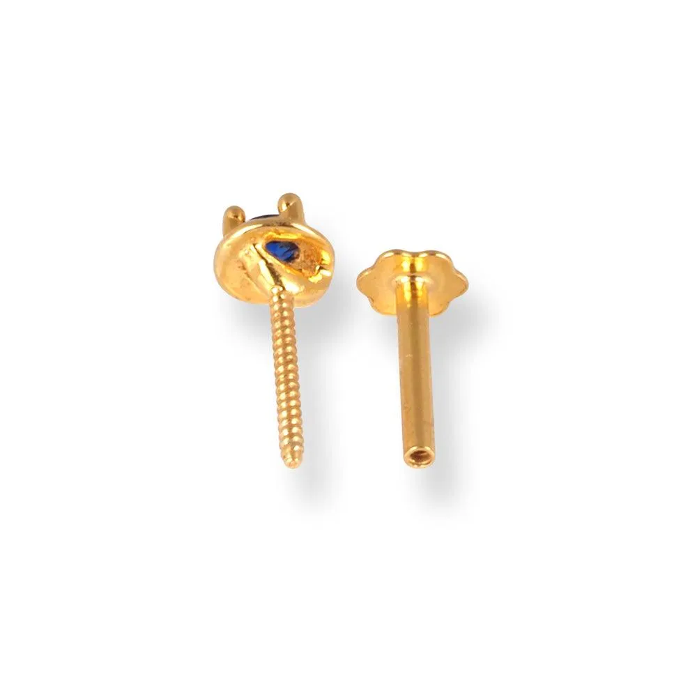 18ct Yellow Gold Screw Back Nose Stud with Blue Cubic Zirconia Stone NIP-4-070i