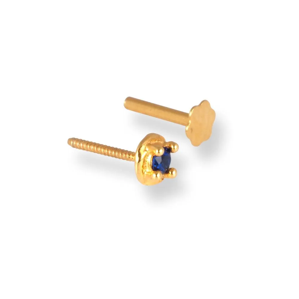 18ct Yellow Gold Screw Back Nose Stud with Blue Cubic Zirconia Stone NIP-4-070i