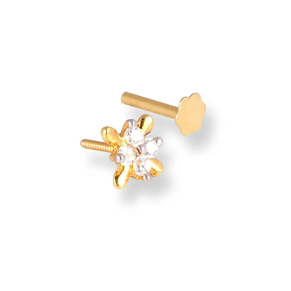 18ct Yellow Gold Screw Back Nose Stud with Four White Cubic Zirconias NIP-1-670a