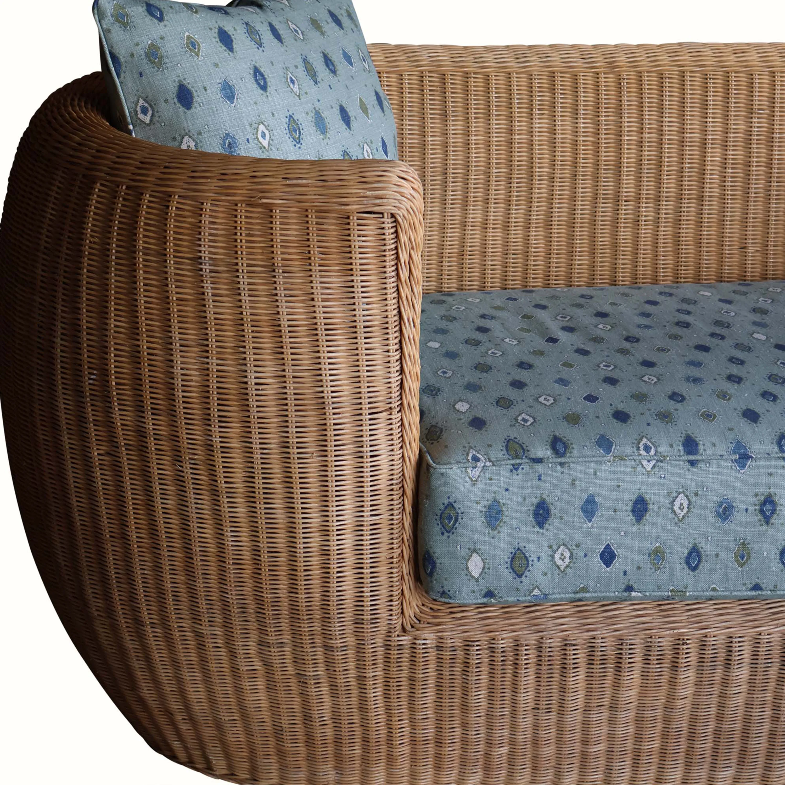 1960s French Wicker Daybed Sofa in Peter Dunham Textiles Oona