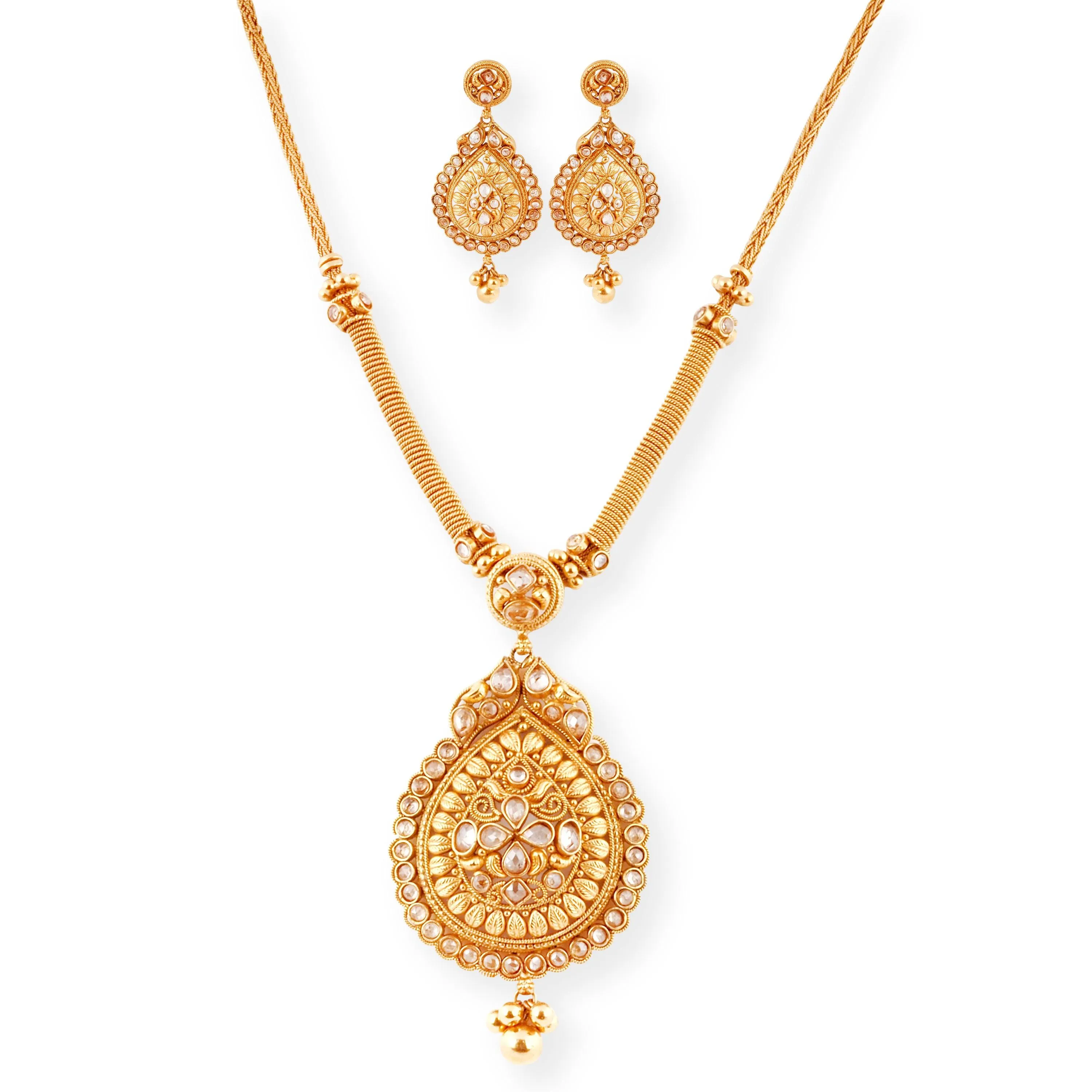 22ct Gold Necklace and Earrings set with Antiquated Look Design and Polki Style Stones N-8536 E-8536