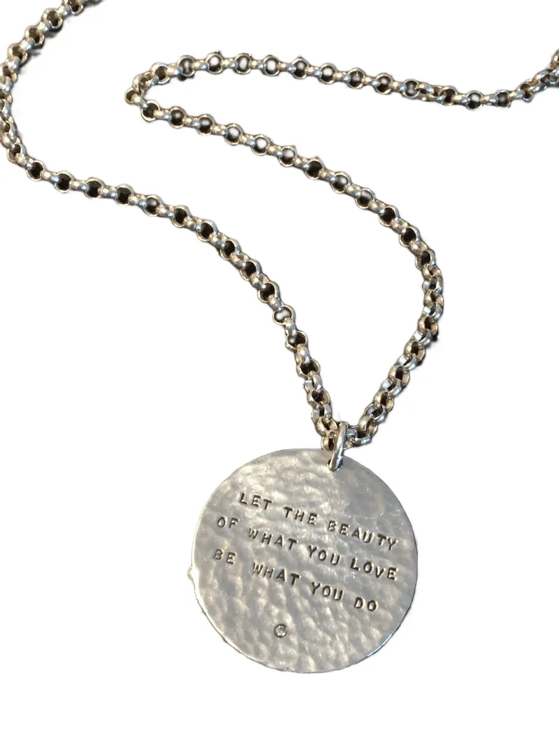 24" Large Sterling Hammered Disc Necklace 'Let the Beauty...' with Diamond