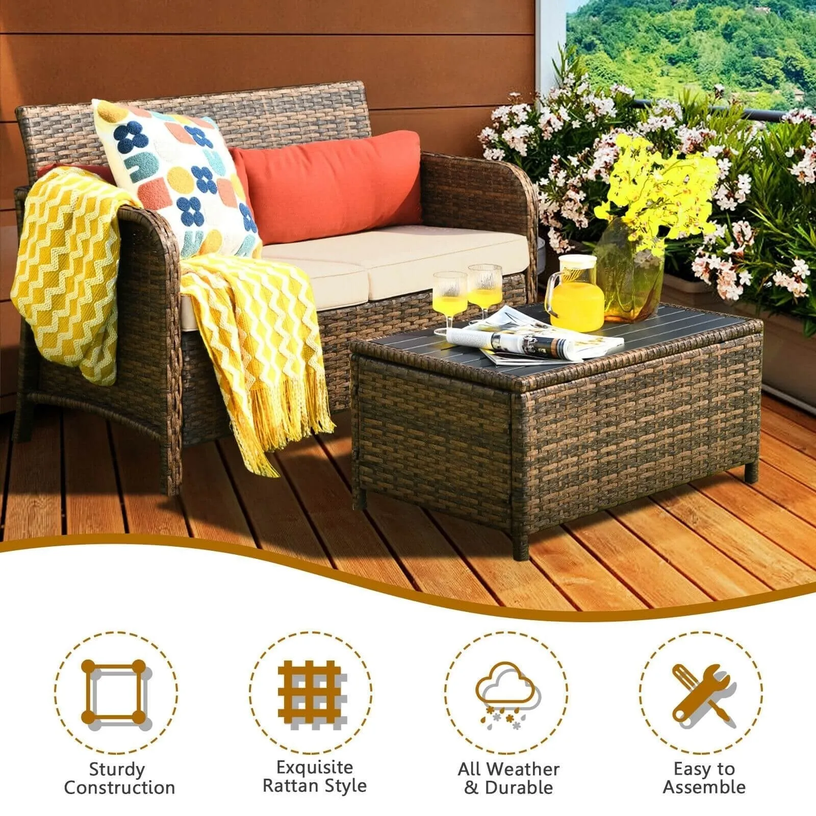 2pc Outdoor Patio Rattan Furniture Set - Beige and Red