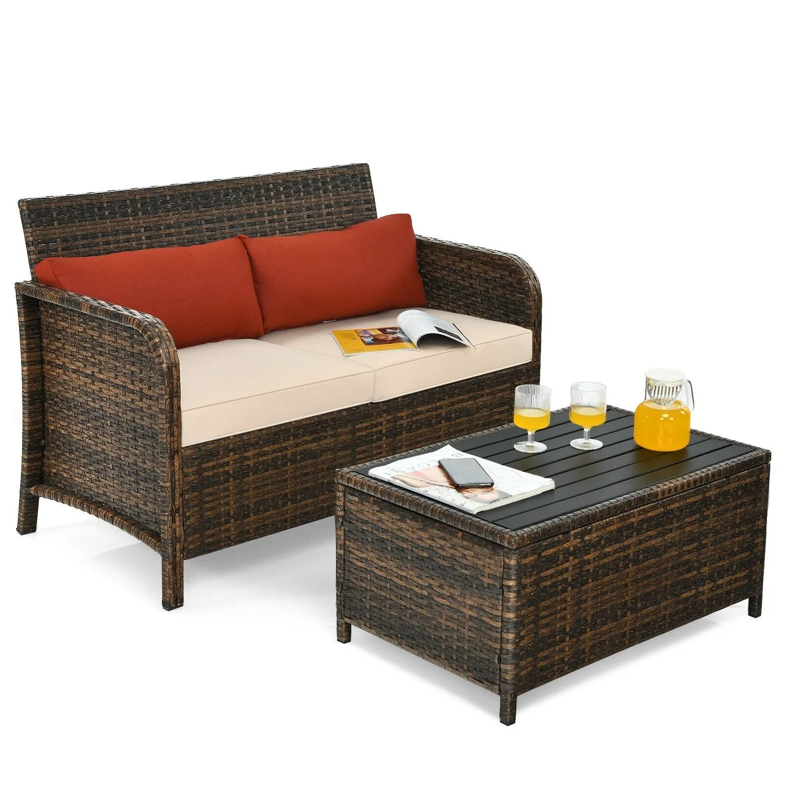 2pc Outdoor Patio Rattan Furniture Set - Beige and Red