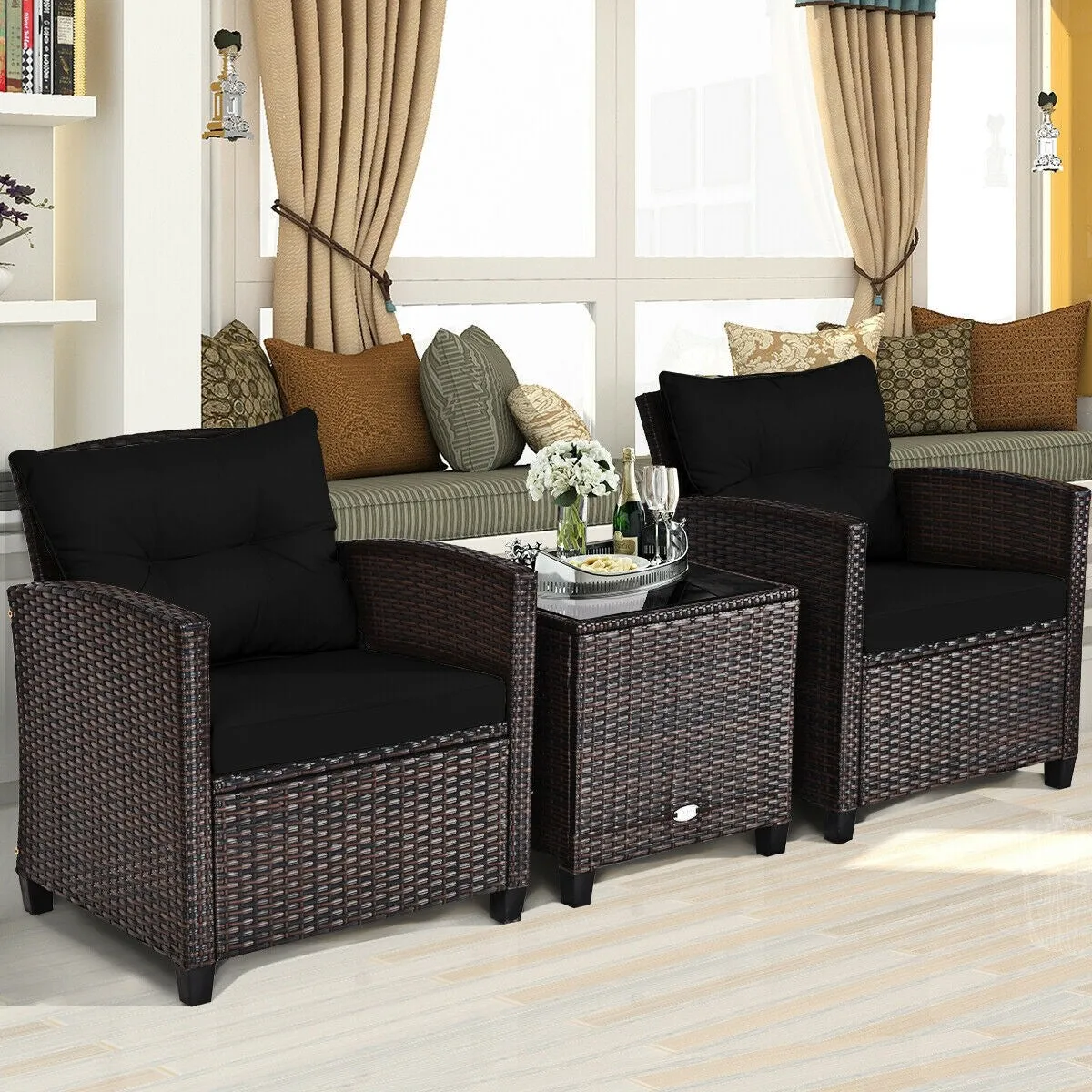 3pc Outdoor Patio Rattan Furniture Set - Black