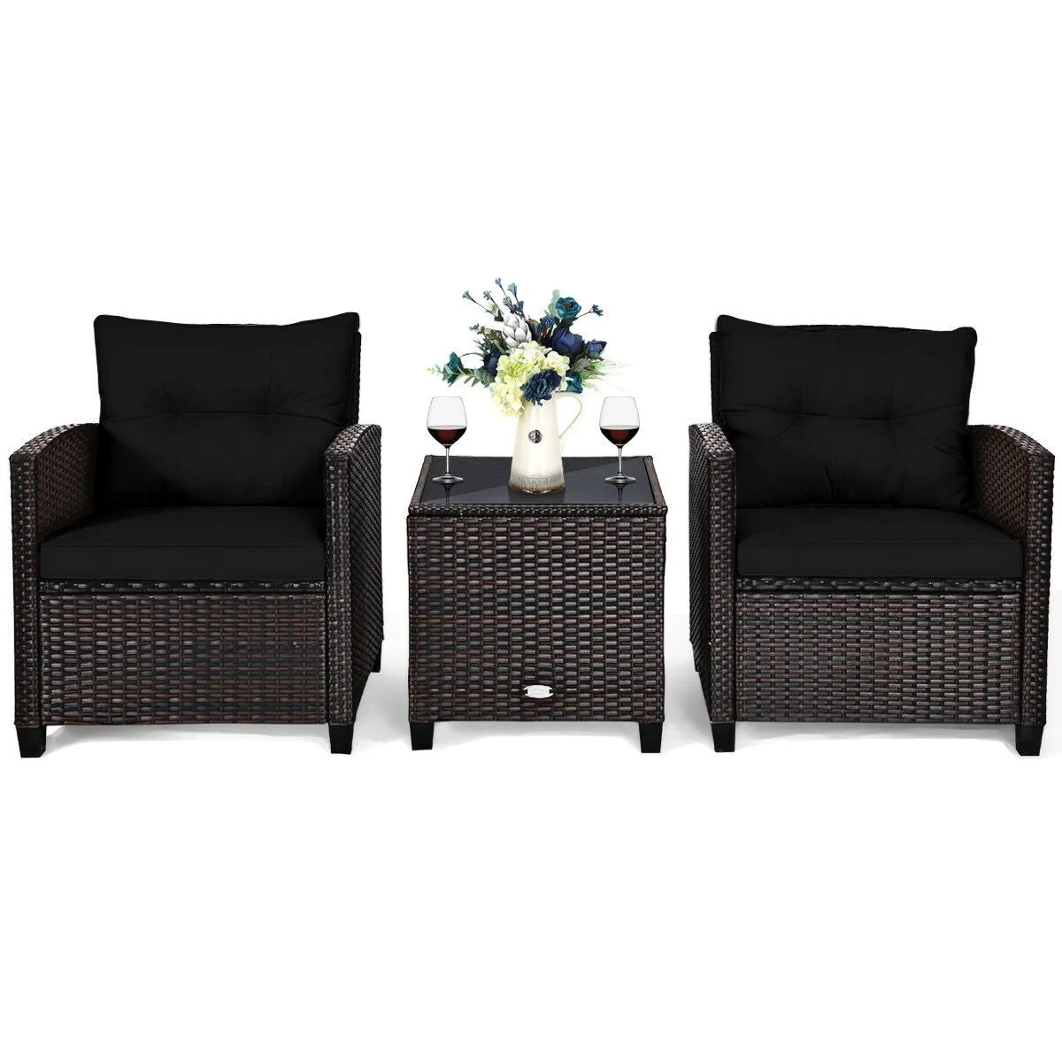 3pc Outdoor Patio Rattan Furniture Set - Black