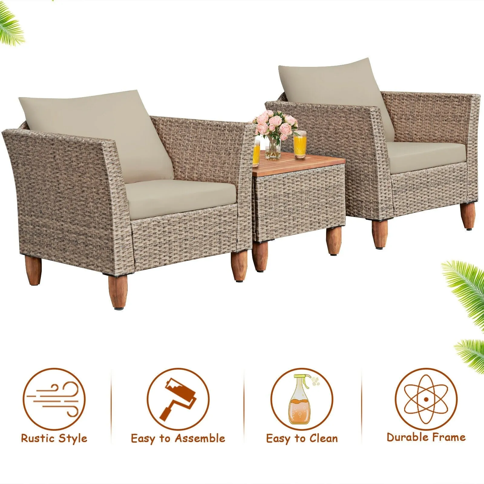 3pc Patio Rattan Furniture Set - Beige