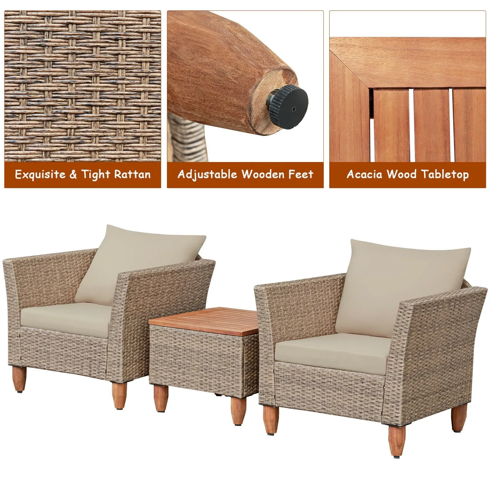 3pc Patio Rattan Furniture Set - Beige