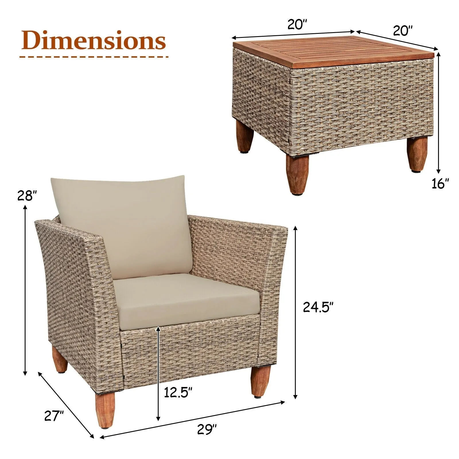 3pc Patio Rattan Furniture Set - Beige