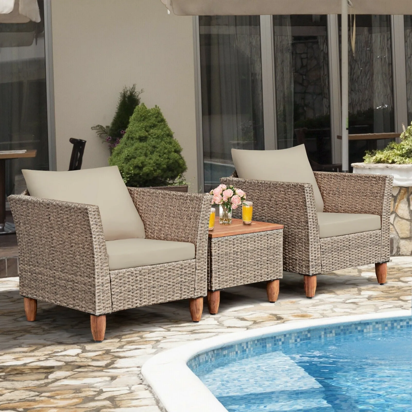 3pc Patio Rattan Furniture Set - Beige