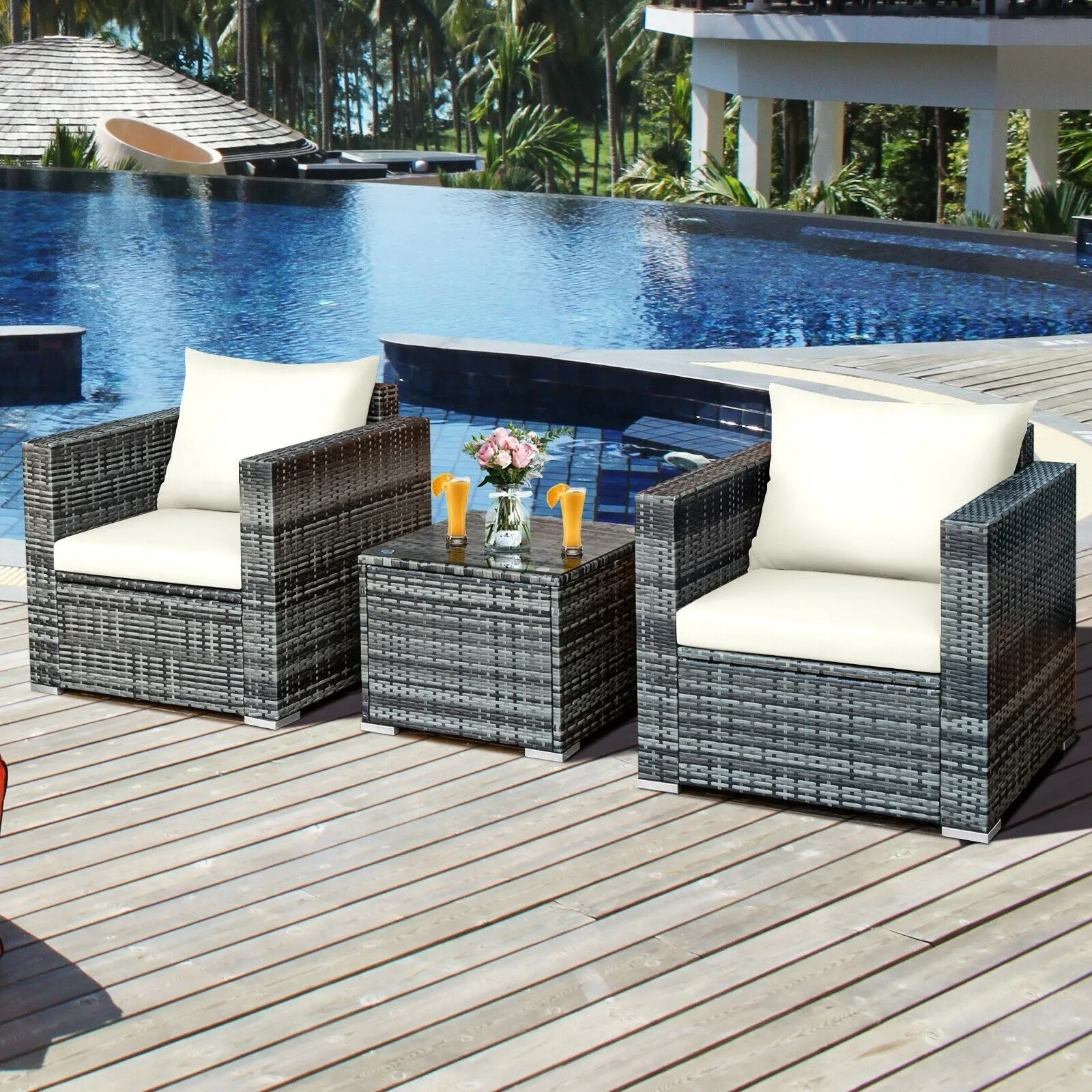 3pc Patio Rattan Furniture Sofa Set - White