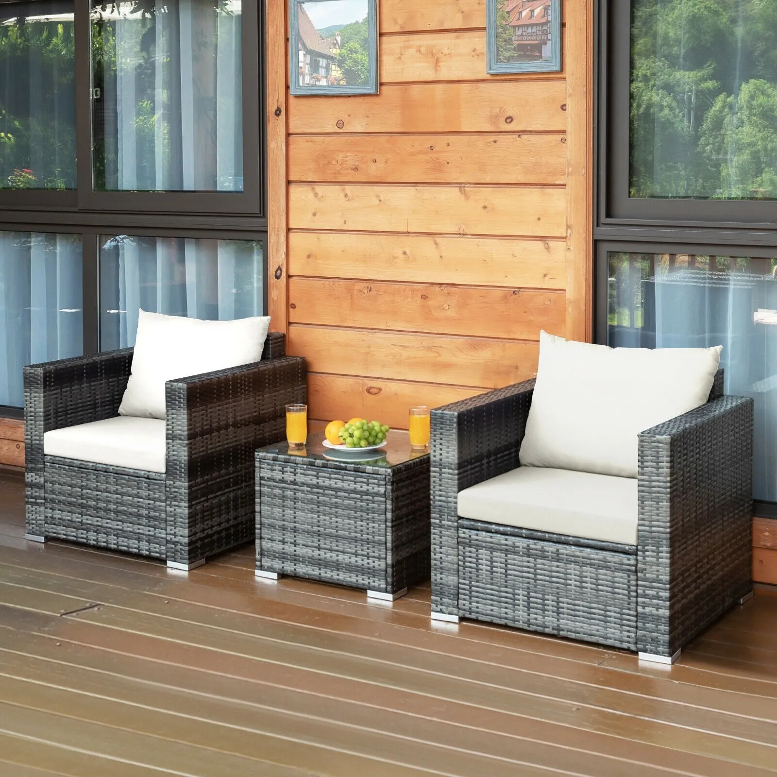 3pc Patio Rattan Furniture Sofa Set - White