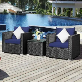 3pc Wicker Rattan Patio Conversation Set with Cushion - Navy