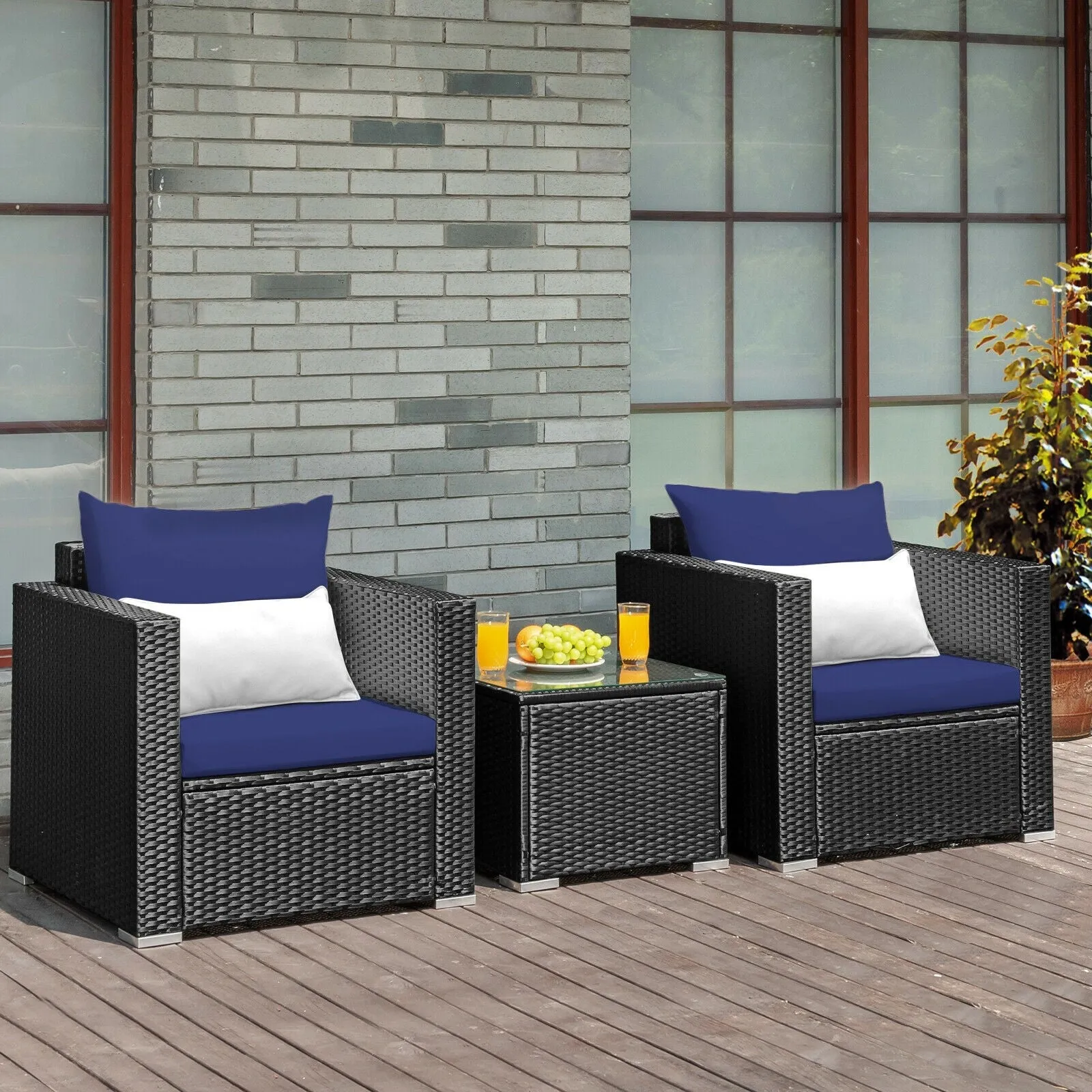 3pc Wicker Rattan Patio Conversation Set with Cushion - Navy