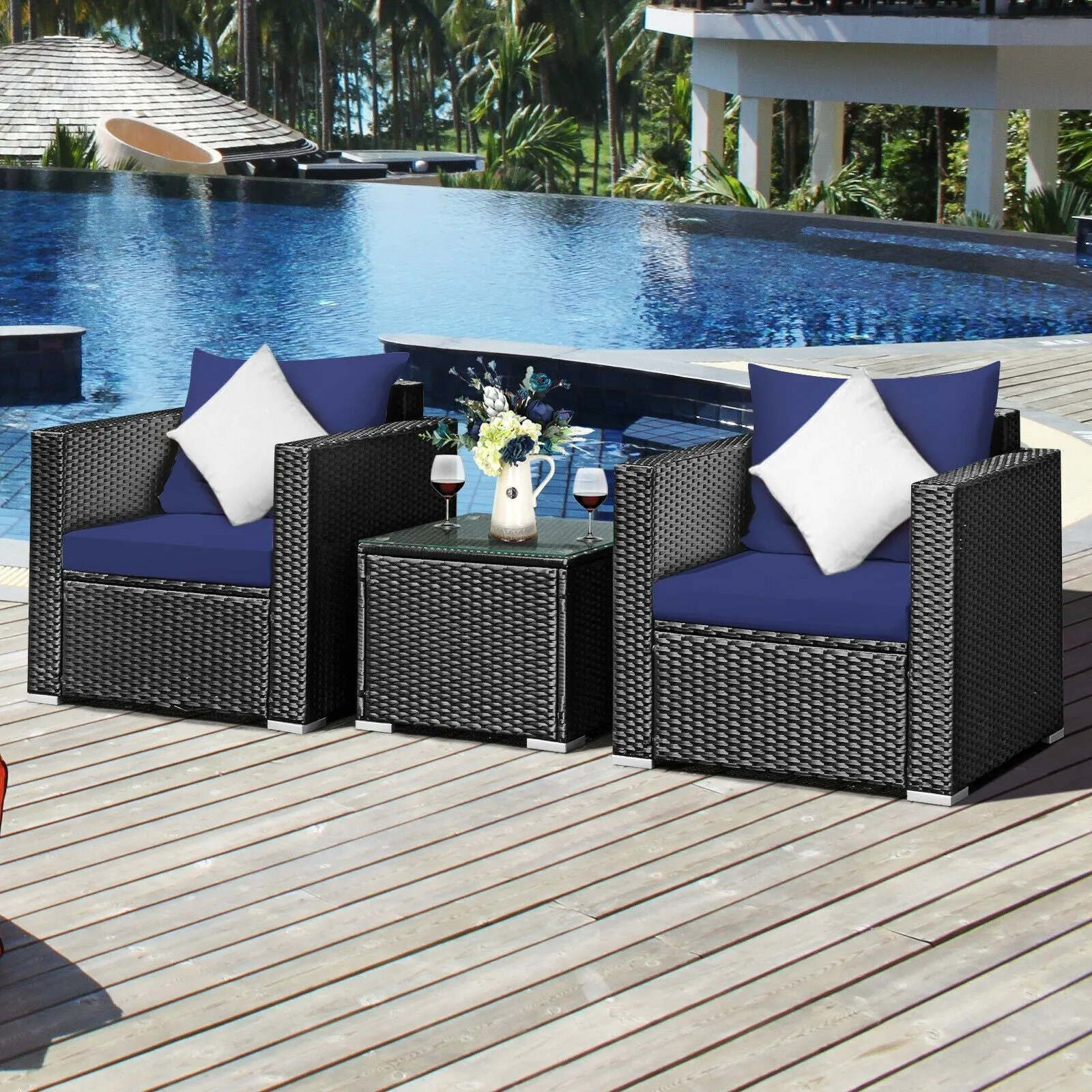 3pc Wicker Rattan Patio Conversation Set with Cushion - Navy