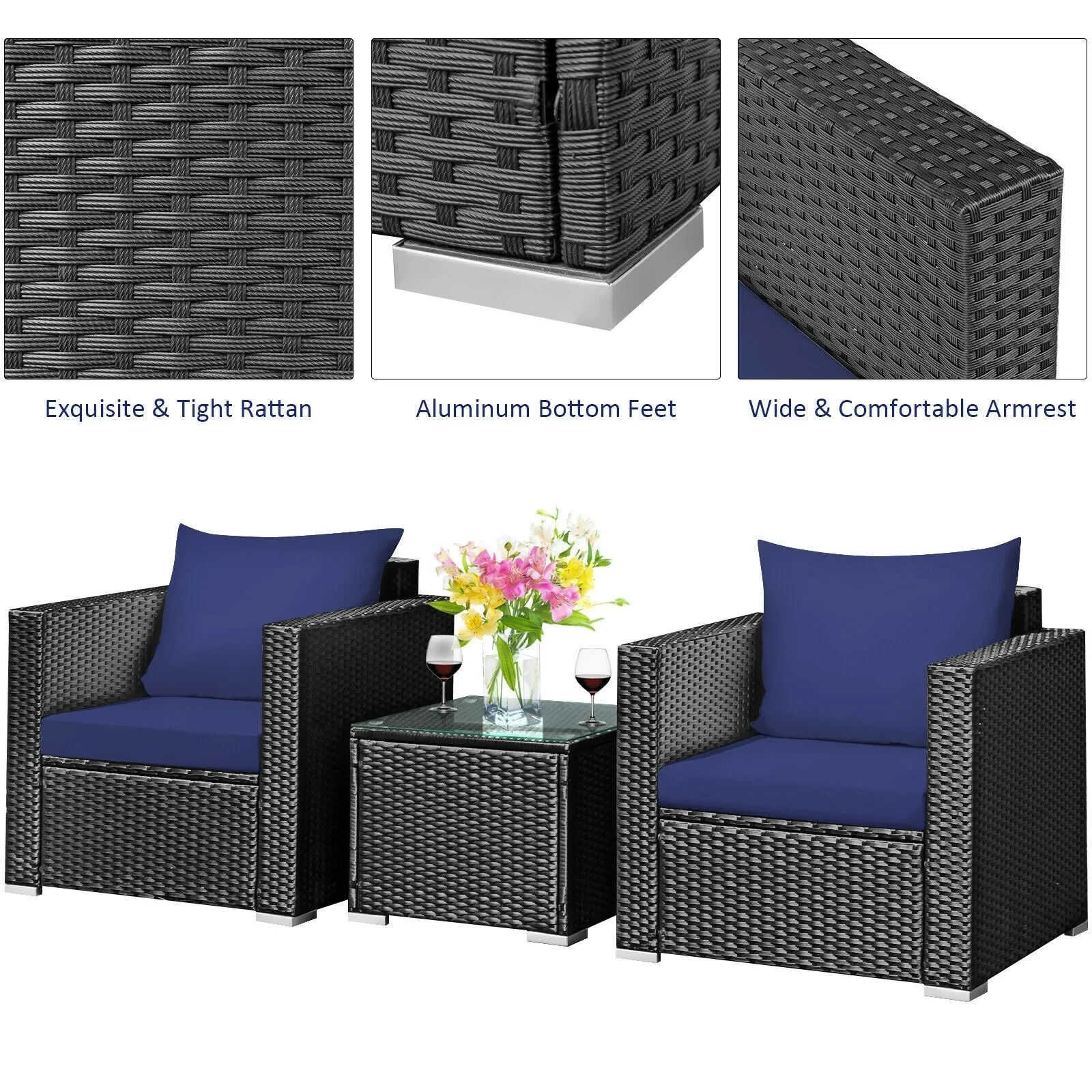 3pc Wicker Rattan Patio Conversation Set with Cushion - Navy