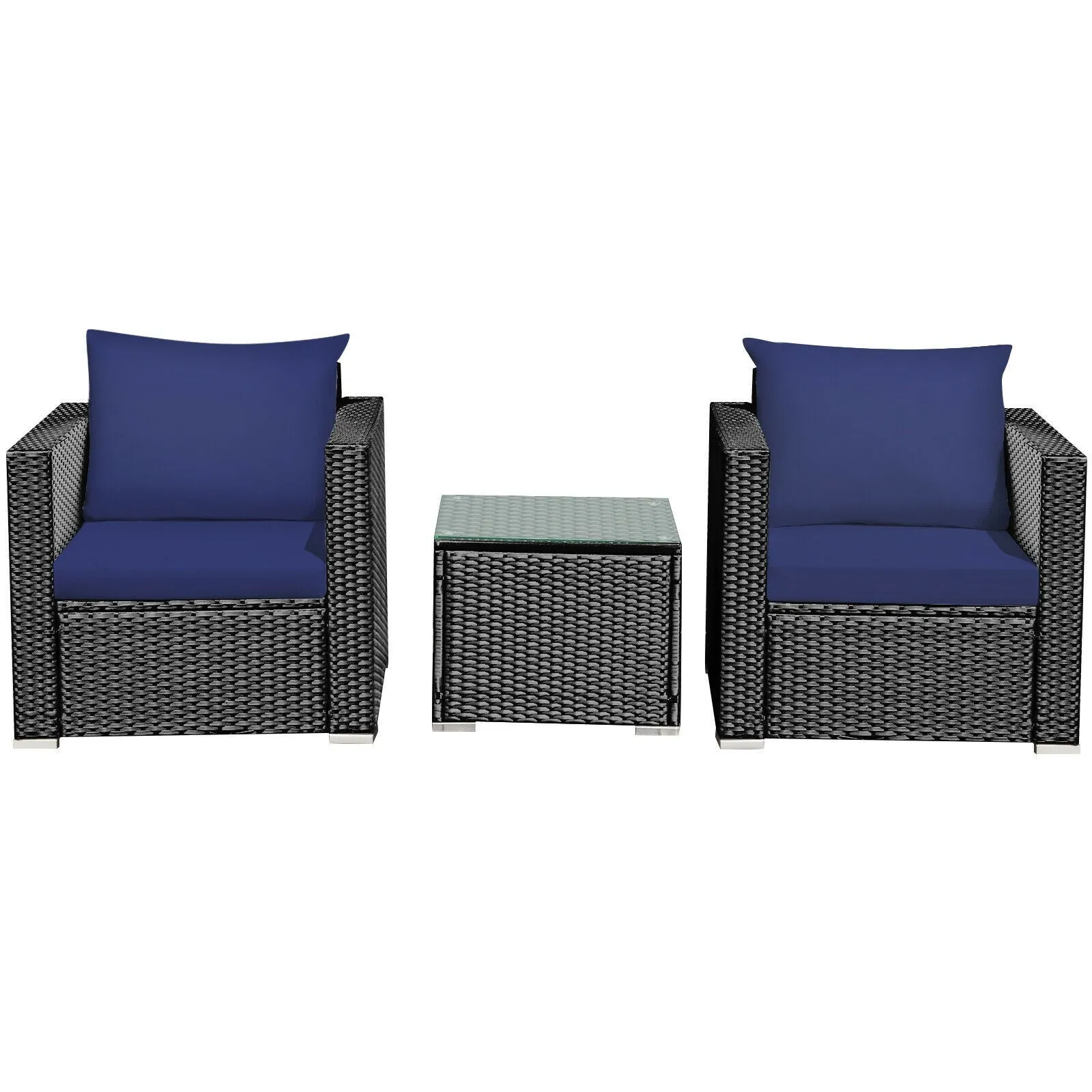 3pc Wicker Rattan Patio Conversation Set with Cushion - Navy