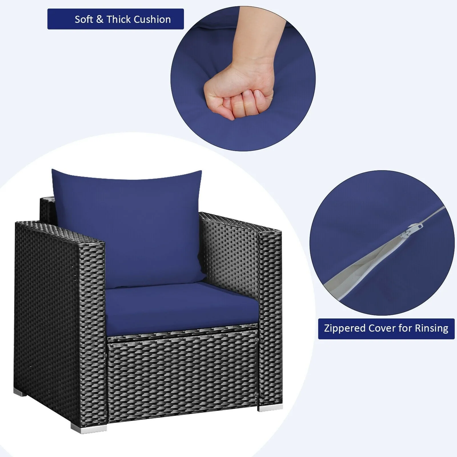 3pc Wicker Rattan Patio Conversation Set with Cushion - Navy