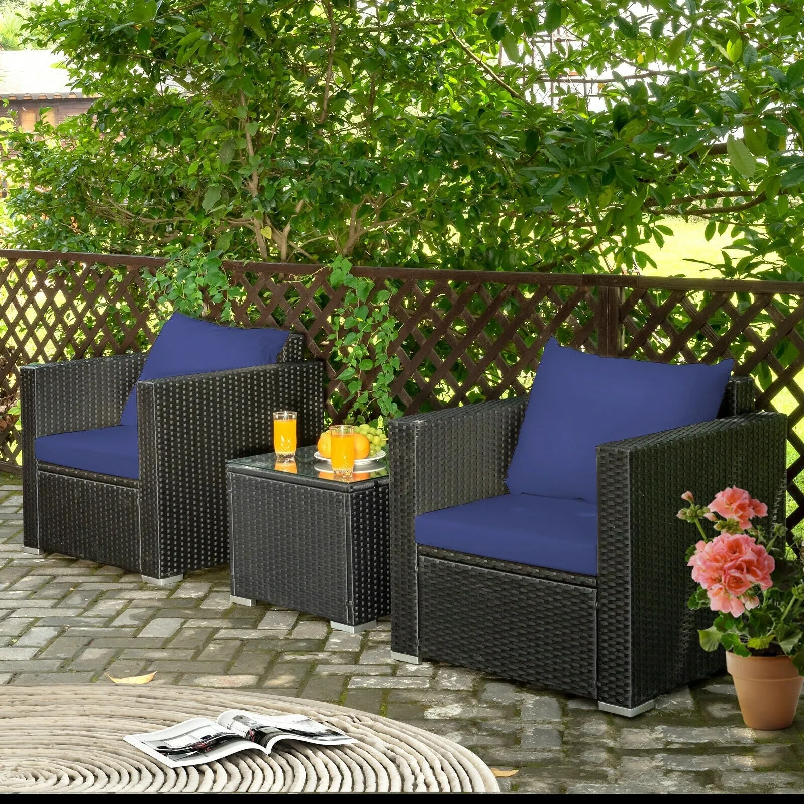 3pc Wicker Rattan Patio Conversation Set with Cushion - Navy