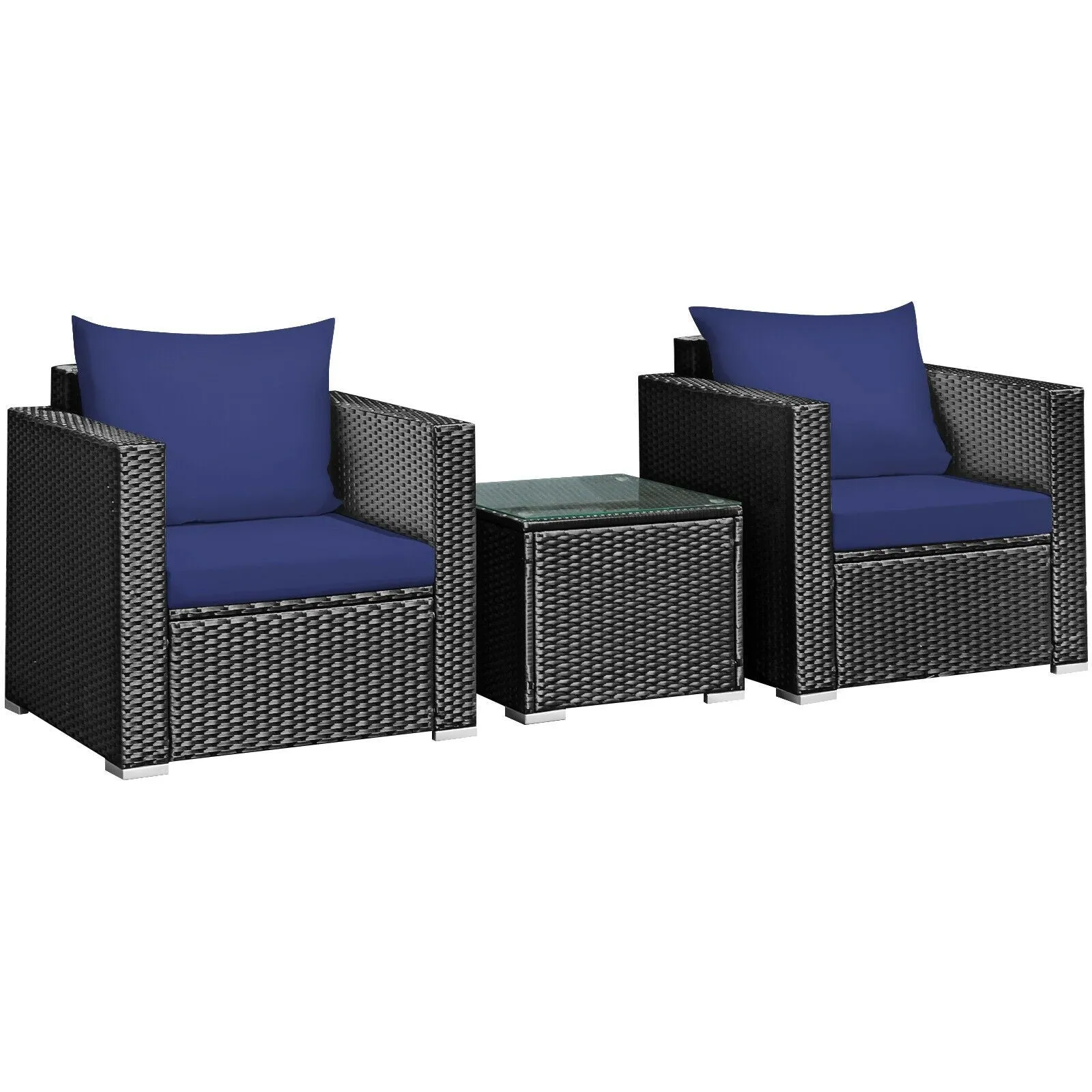 3pc Wicker Rattan Patio Conversation Set with Cushion - Navy