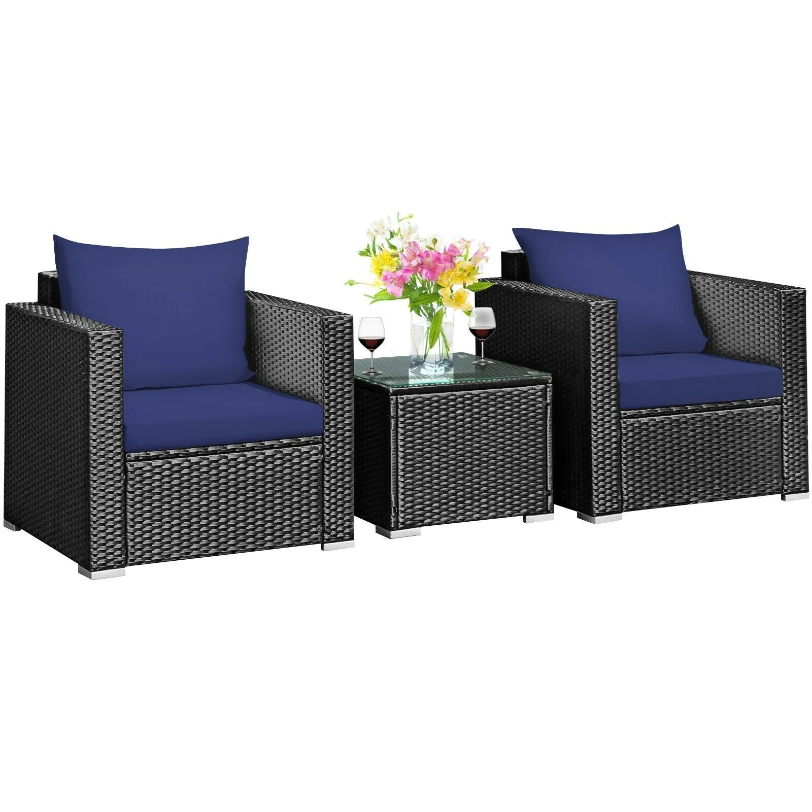 3pc Wicker Rattan Patio Conversation Set with Cushion - Navy