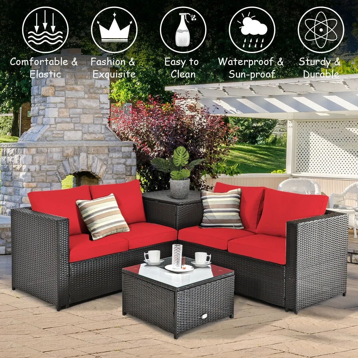 4pc Outdoor Patio Rattan Furniture Set - Red