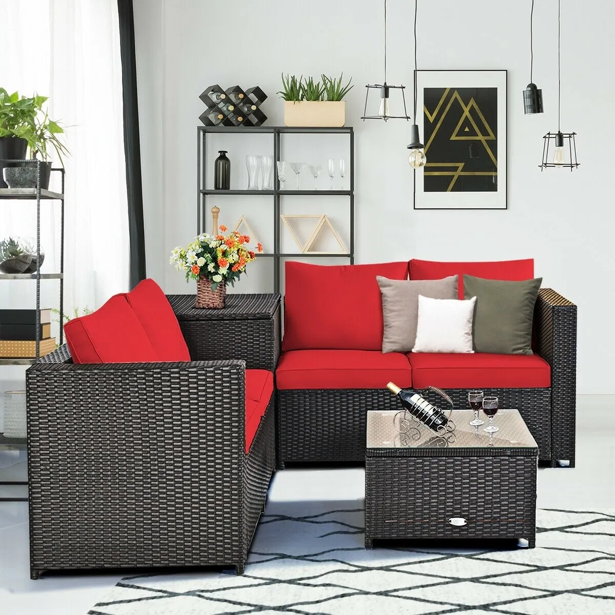 4pc Outdoor Patio Rattan Furniture Set - Red