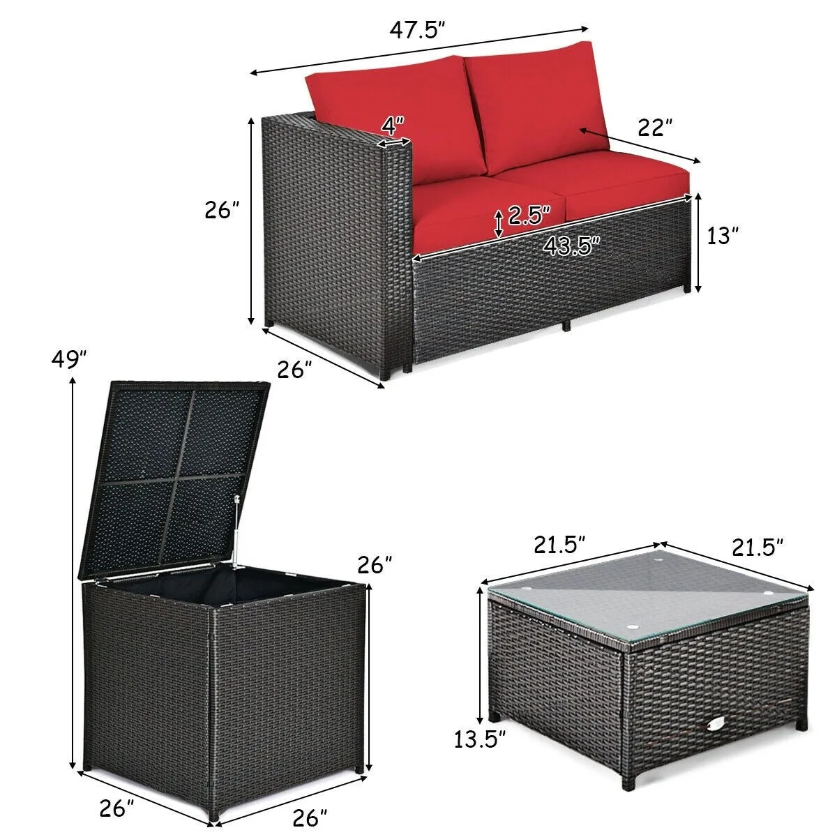 4pc Outdoor Patio Rattan Furniture Set - Red