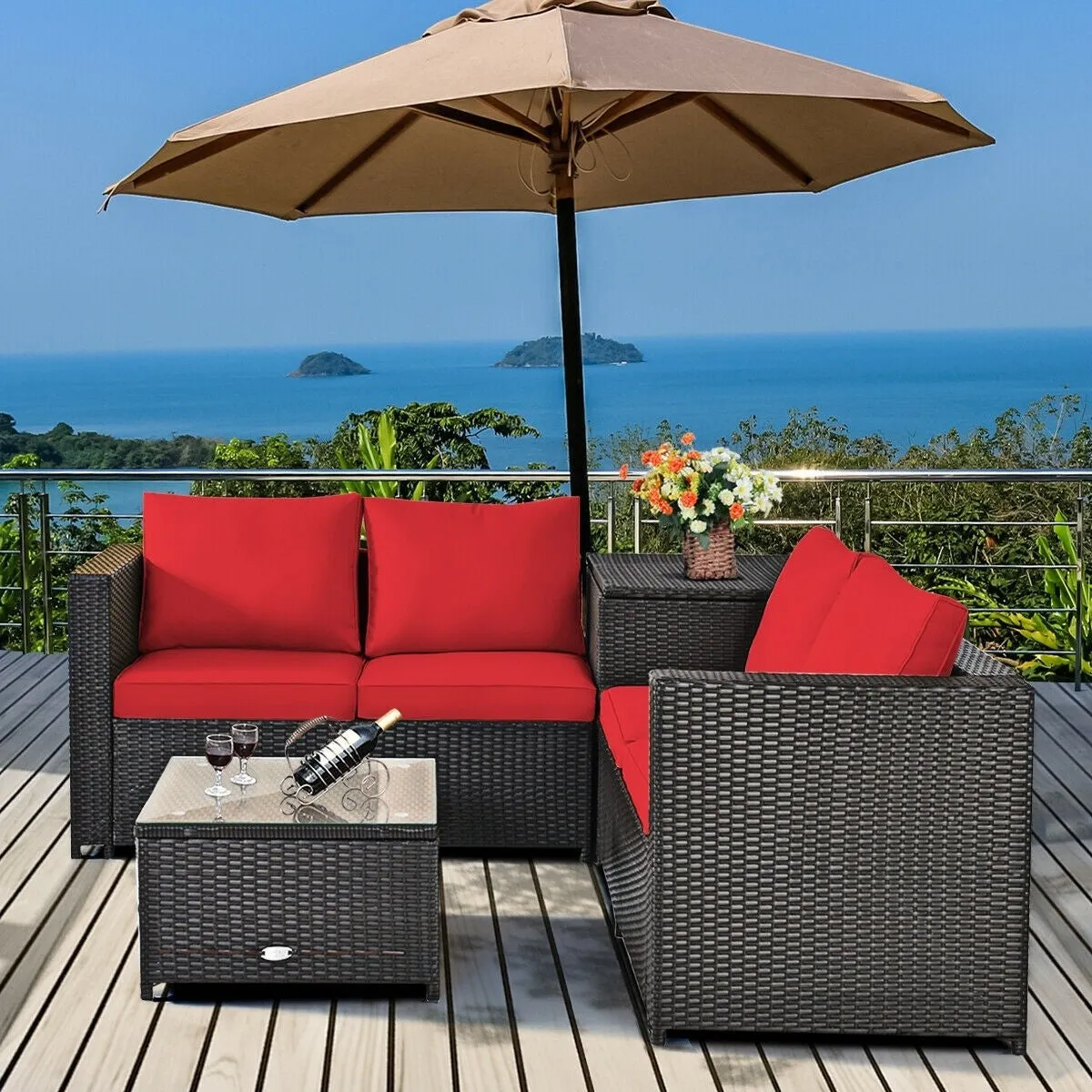 4pc Outdoor Patio Rattan Furniture Set - Red