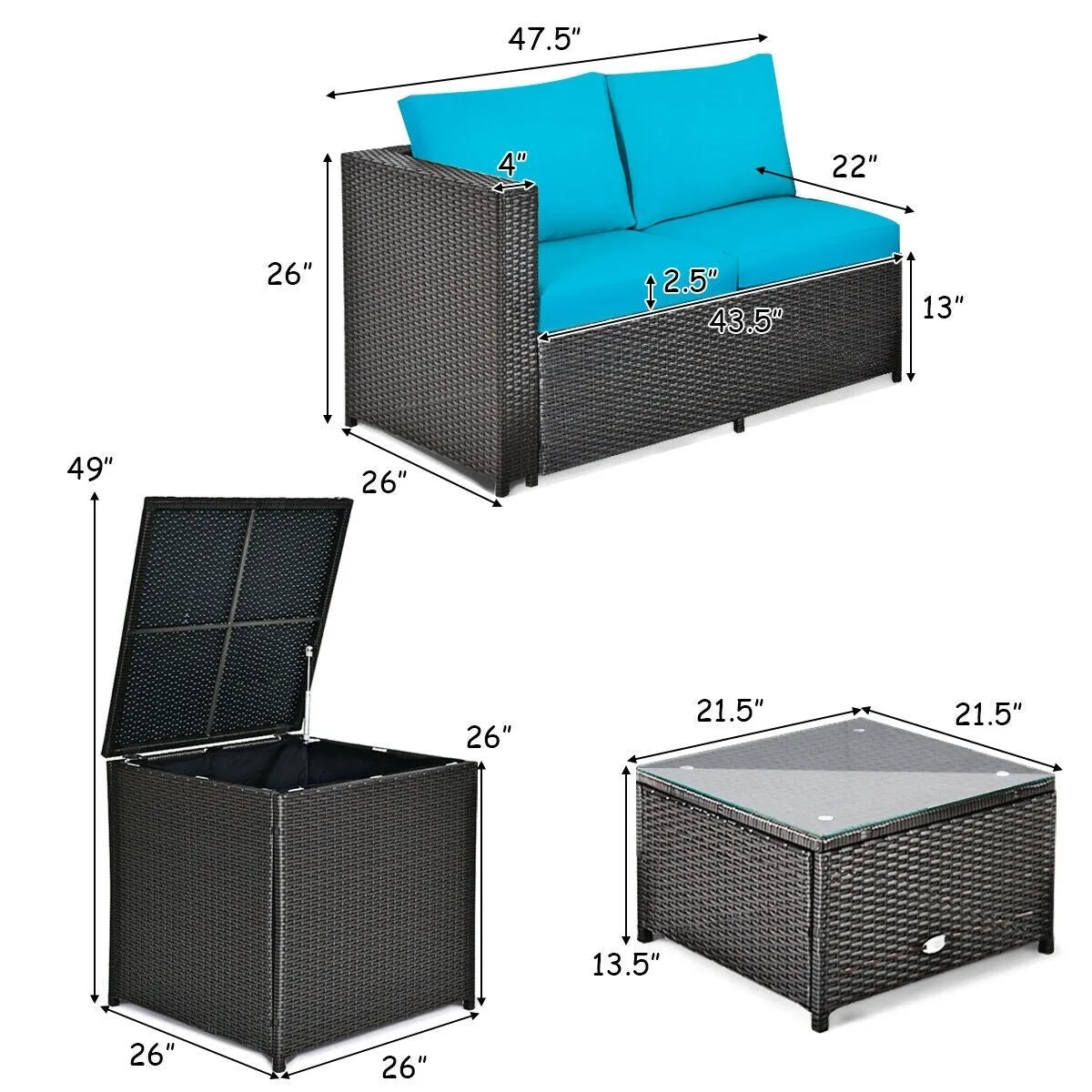 4pc Outdoor Patio Rattan Furniture Set - Turquoise