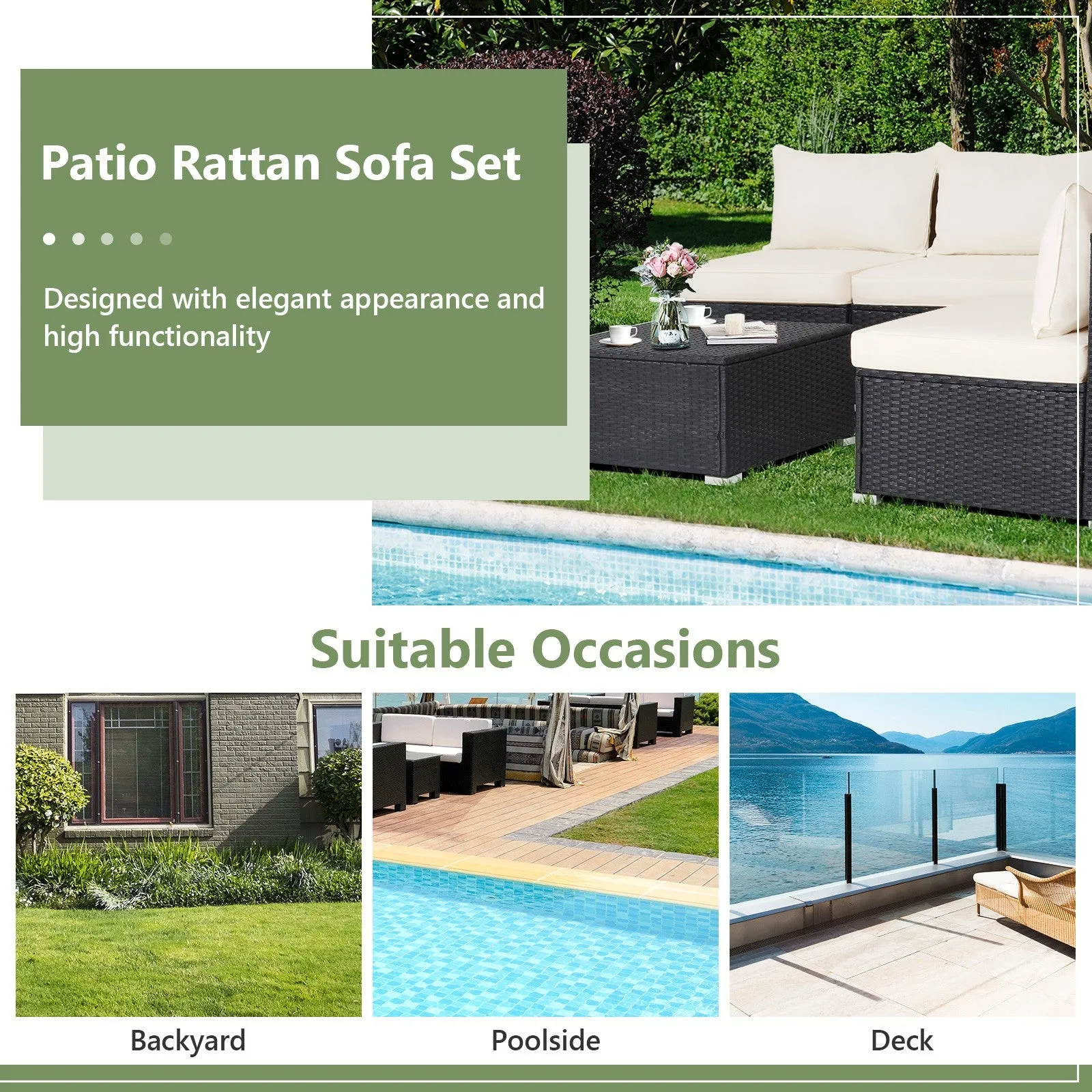 5 Pc Outdoor Patio Furniture Set with Cushions and Coffee Table- Off white