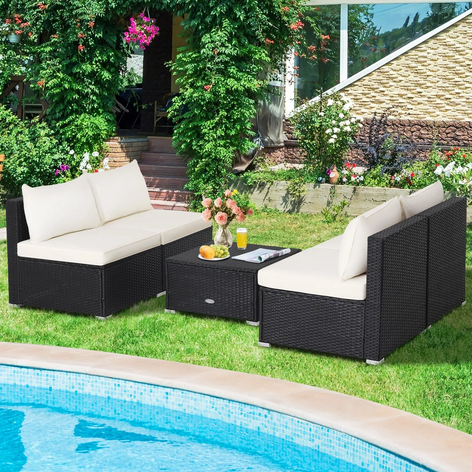 5 Pc Outdoor Patio Furniture Set with Cushions and Coffee Table- Off white