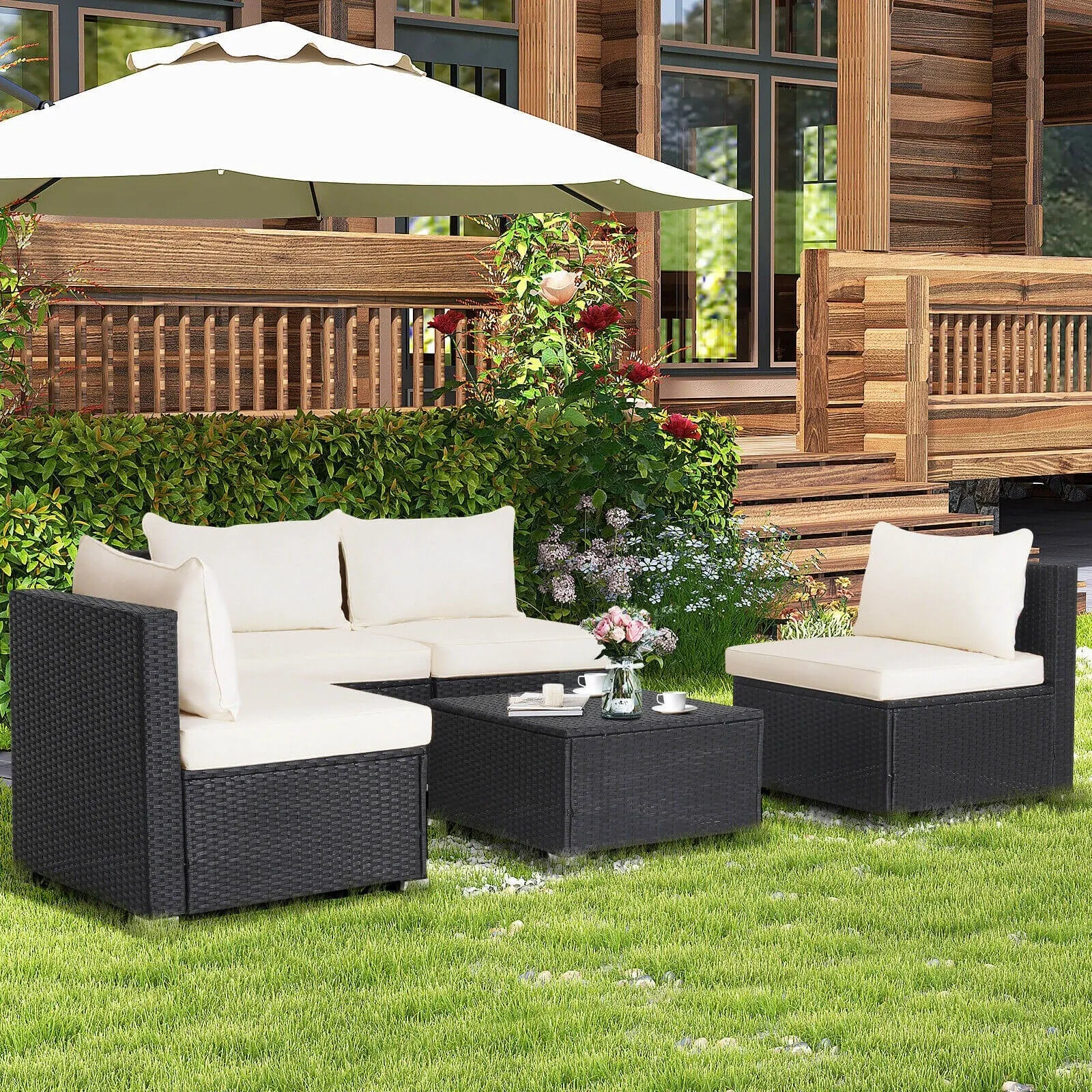 5 Pc Outdoor Patio Furniture Set with Cushions and Coffee Table- Off white