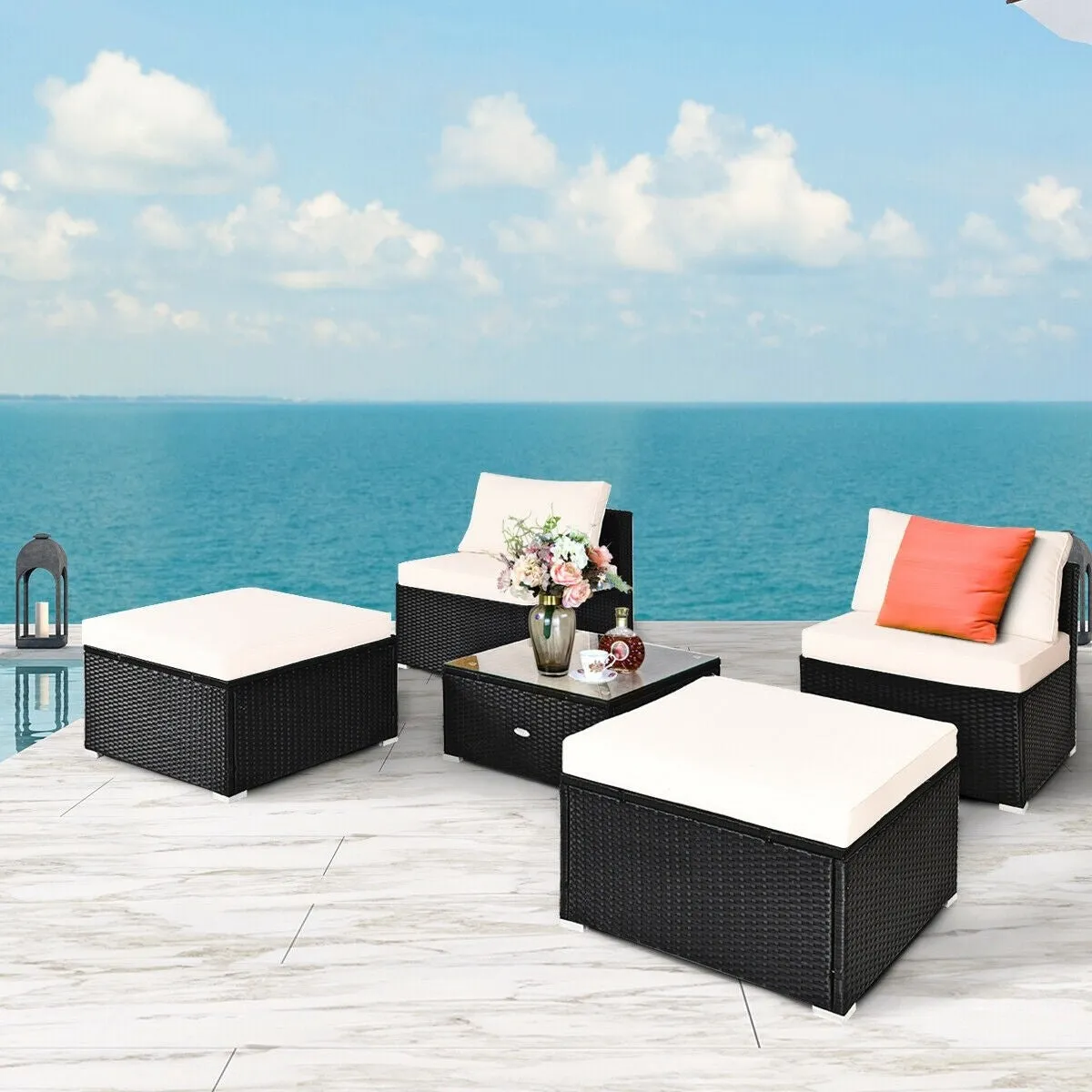 5pc Wicker Rattan Patio Armless Furniture Set - White